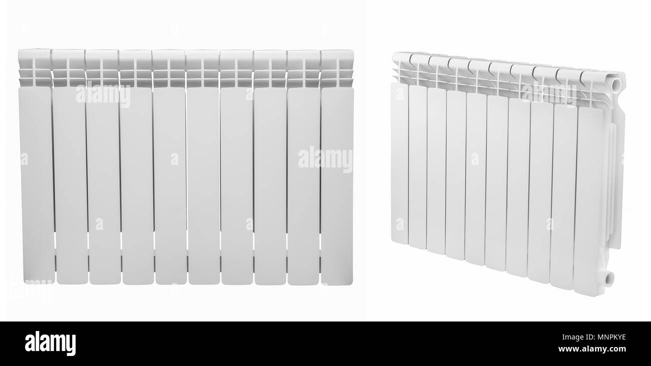 Moderne Heizkörper auf weißem Hintergrund. Haushalt bimetallischen Batterien aus unterschiedlichen Winkeln Stockfoto
