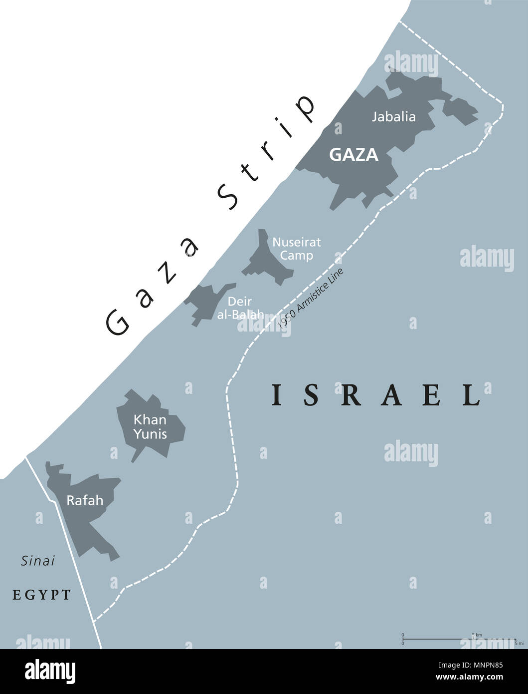 Gazastreifen politische Karte. Selbstverwalteten palästinensischen Gebiet an der Küste des Mittelmeeres. Grenzen nach Israel und Ägypten. Stockfoto