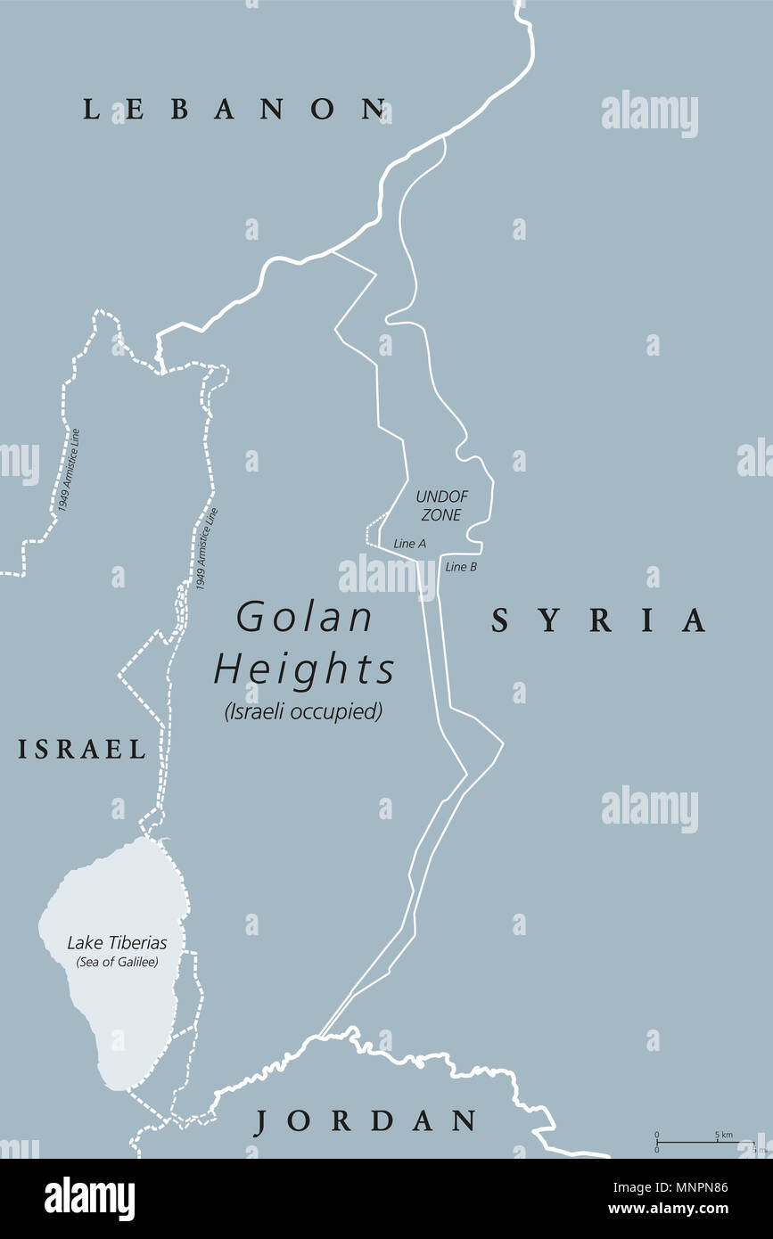 Golanhöhen. Politische Karte mit Grenzen. Eine Region, in der Levante. Bereich, von Syrien gefangen und von Israel besetzten Gebieten. Englischer Beschriftung. Abbildung. Stockfoto