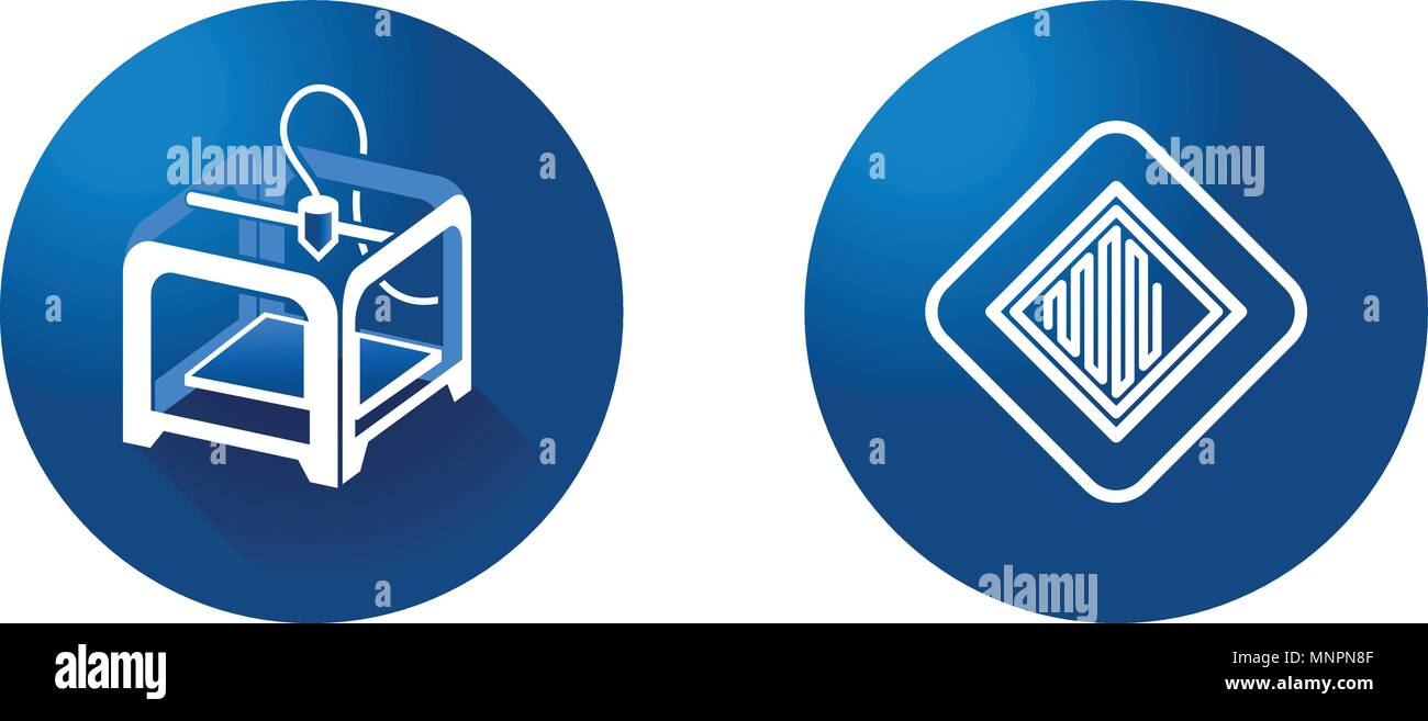 3D-Drucker und 3-D-Drucken Symbol auf blauem Hintergrund. symbol Vektor Stock Vektor
