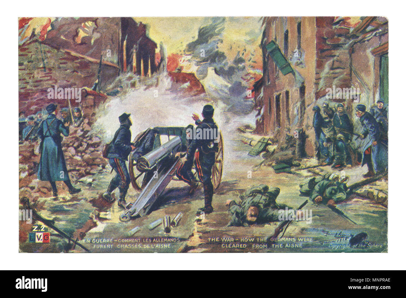 Alte französische Postkarte: "den Krieg: Wie deutsche wurden aus der Aisne' Artillerie Mannschaft feuern Kanone gelöscht. Straße der Stadt, die Ruinen der Häuser, getötet Stockfoto