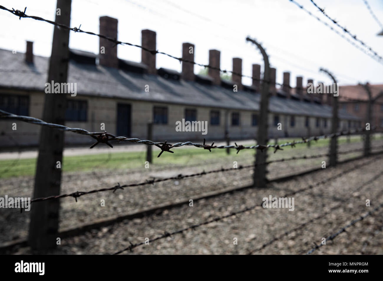 Elektrischen Stacheldrahtzaun im nationalsozialistischen Konzentrationslager Auschwitz Stockfoto