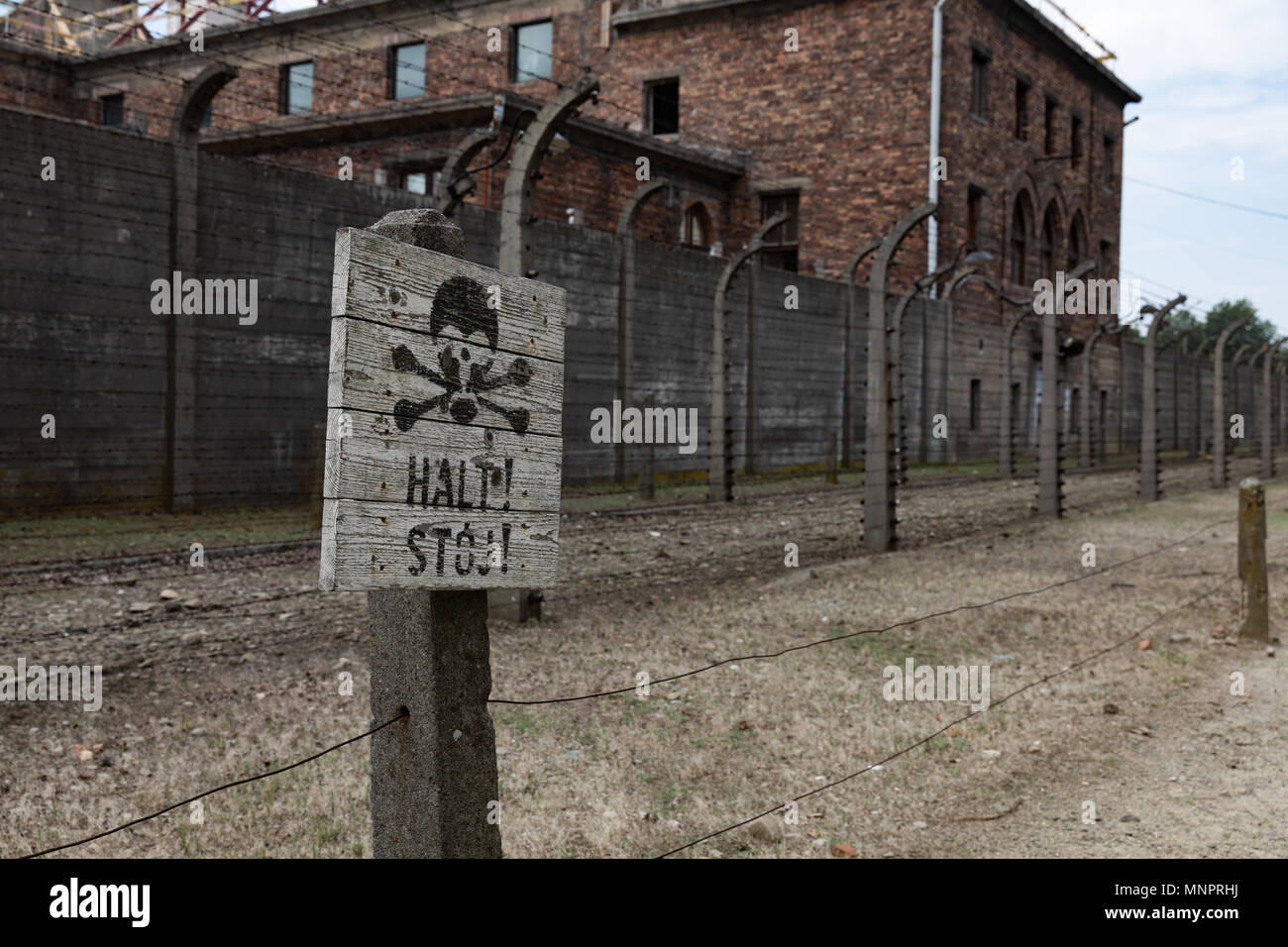 Stop-Schild mit Totenkopf in Auschwitz, die NS-Konzentrationslager in Polen. Stockfoto