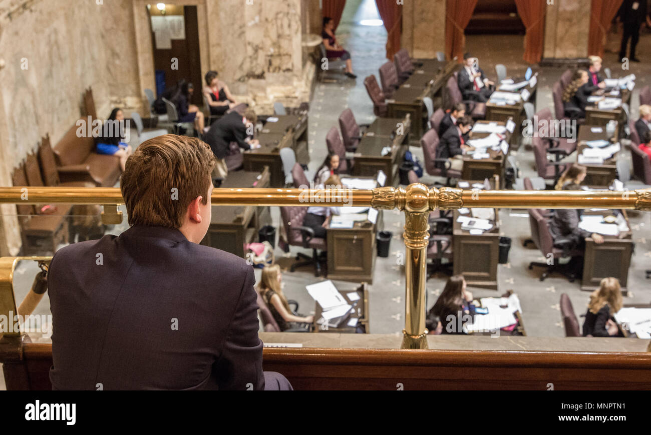 Olympia, Washington/USA - Mai 5, 2018: Washington State House, der sich aus Vertretern der 71 YMCA Jugend Gesetzgebung in der State Capitol Building. Stockfoto