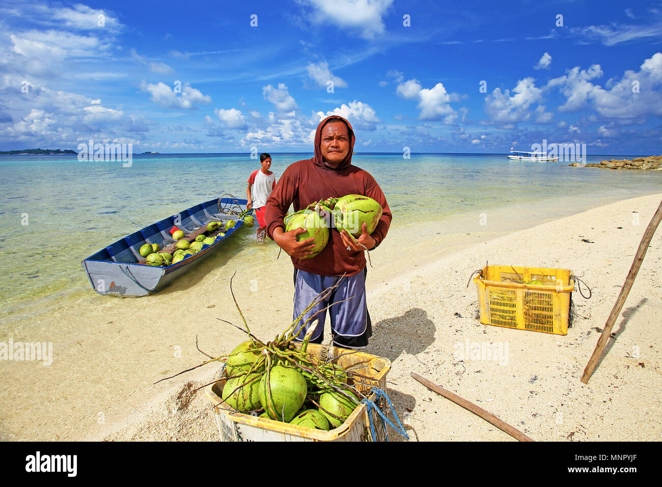 Ein Mann mit Kokosnüssen, die gerade von einem kleinen Boot auf der Insel Lengkuas auf der Insel Belitung in Indonesien entladen wurden Stockfoto