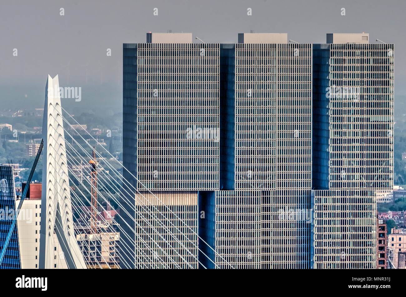 Rotterdam, Niederlande, 11. Mai 2018: Die oberen Segmente der Erasmusbrücke und De Rotterdam Gebäude in der nachmittagssonne Stockfoto