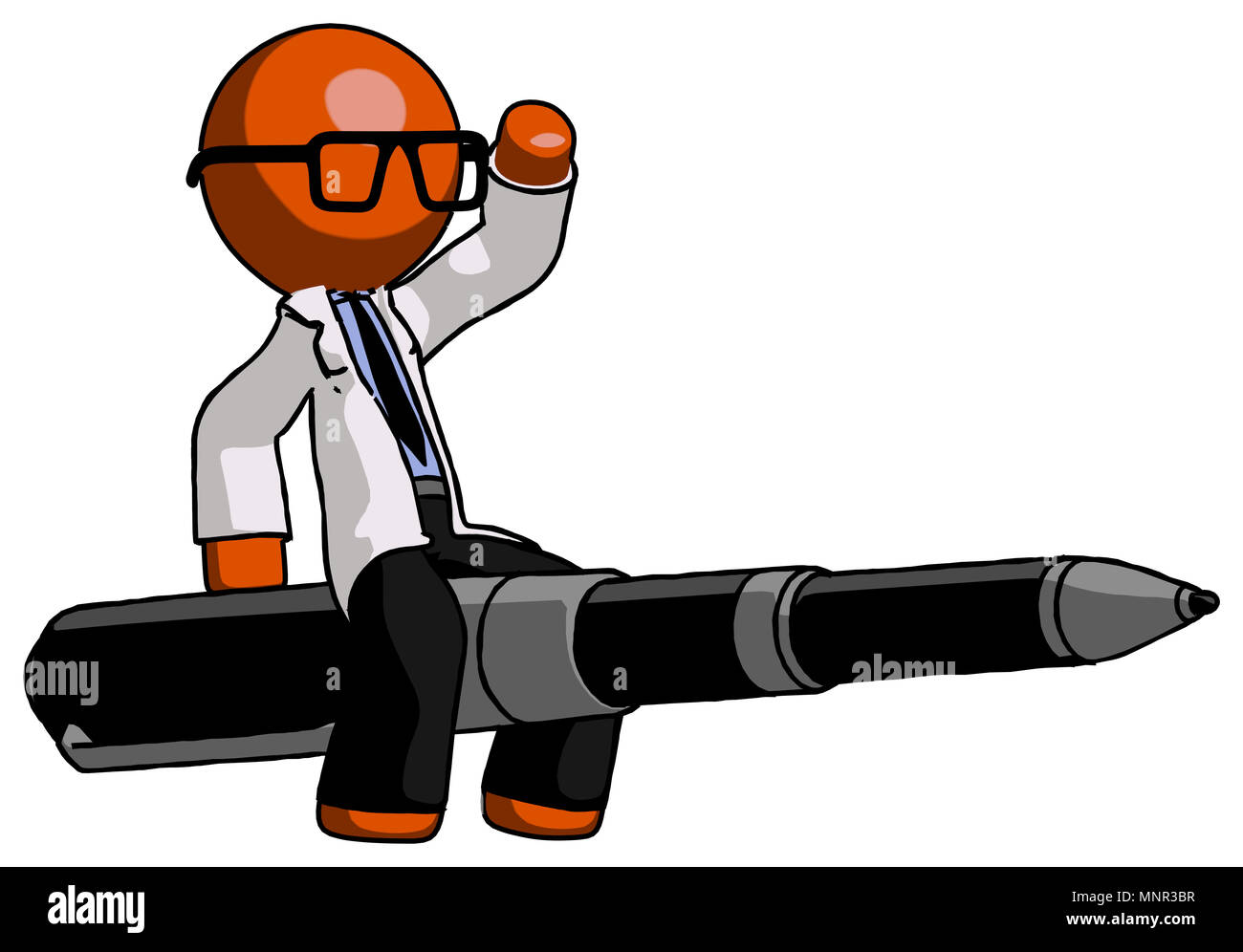 Orange Arzt Wissenschaftler Mann, eine Feder, die wie eine riesige Rakete. Stockfoto