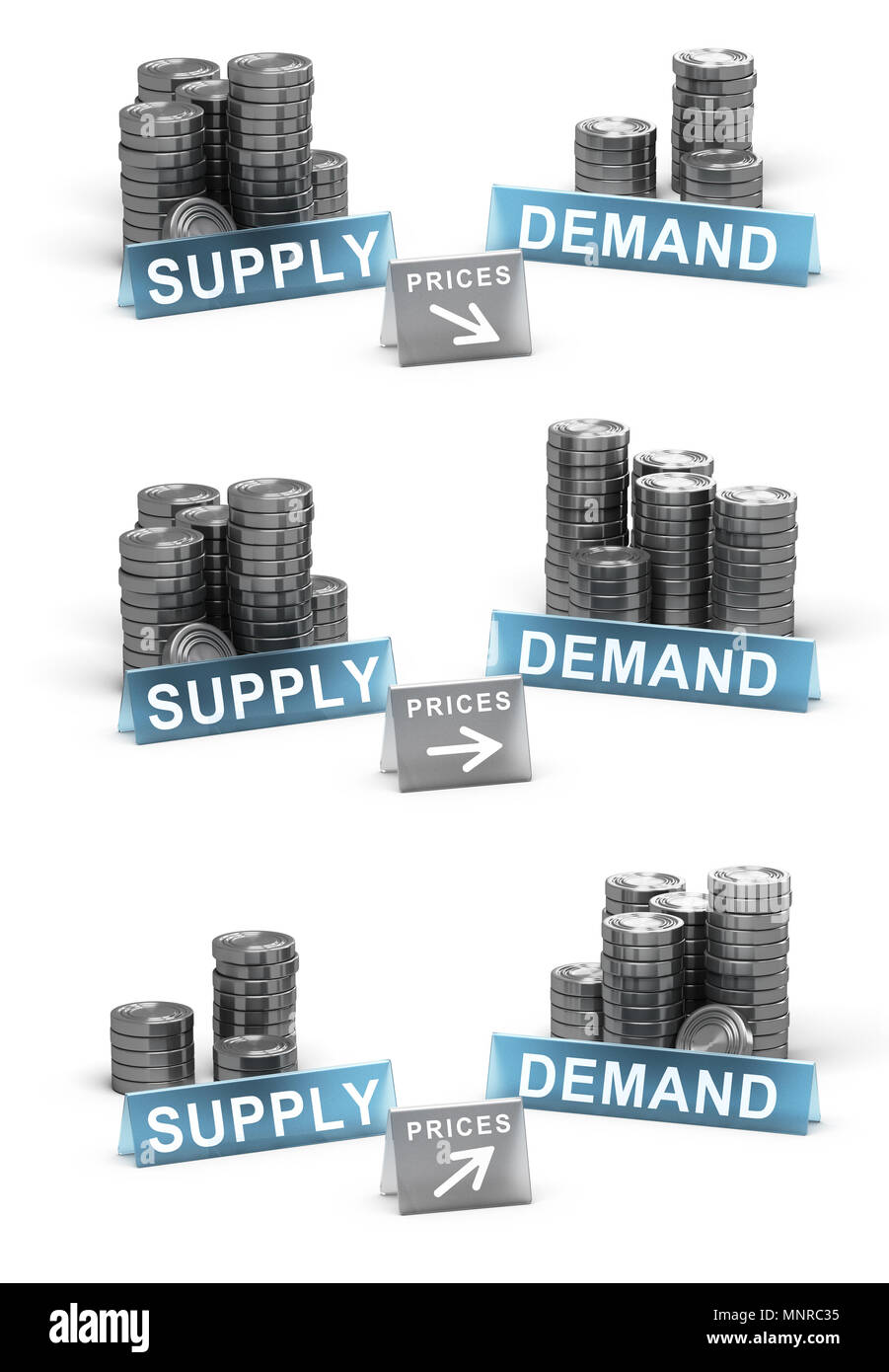 3D-Darstellung von Angebot und Nachfrage Prinzip. Generische Münzen über weißen Hintergrund mit Preise Anfahrt Stockfoto
