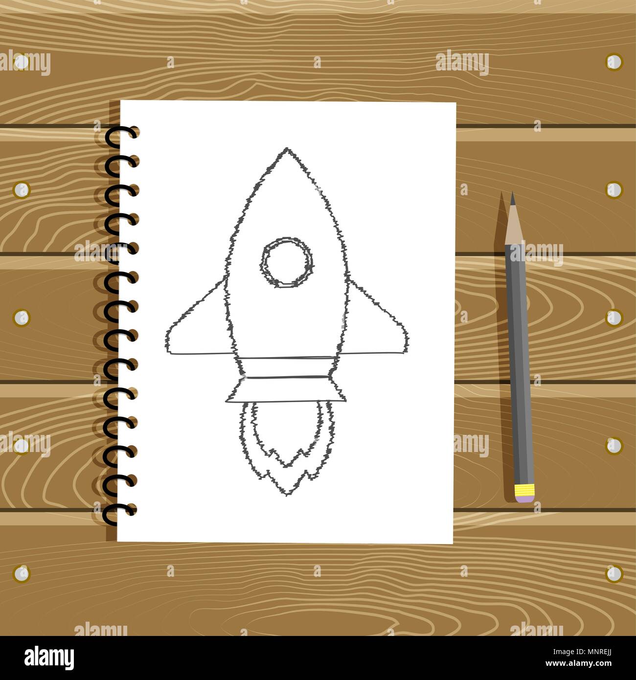 Start Projekt Konzept business. Skizze bleistift Rakete auf Papier. Vector Illustration Stock Vektor
