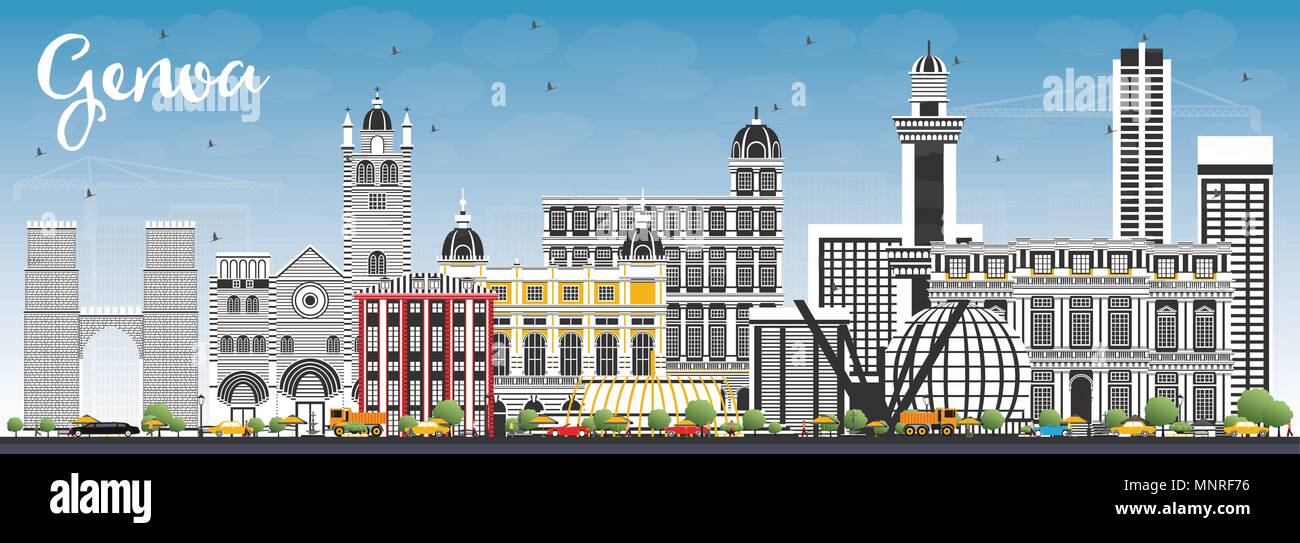 Genua Italien Skyline der Stadt mit Gebäuden und blauer Himmel. Vector Illustration. Business Travel und Tourismus Konzept mit moderner Architektur. Stock Vektor