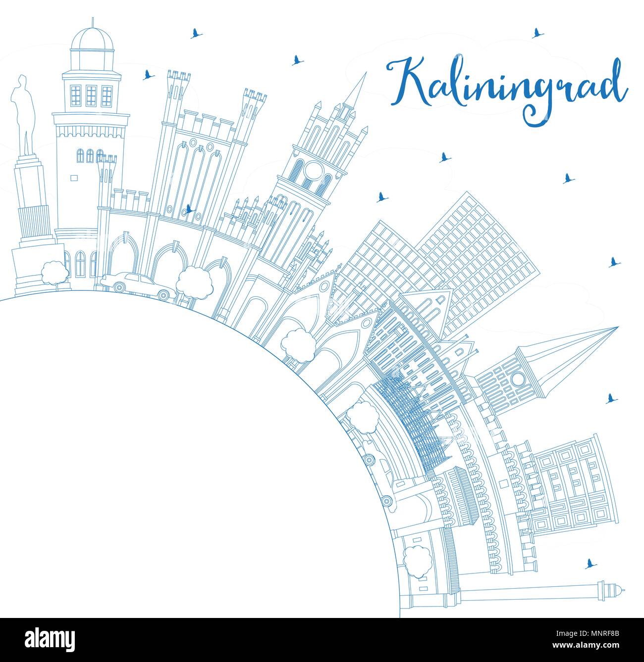 Umrisse Kaliningrad Russland Skyline der Stadt mit blauen Gebäude und Kopieren. Stock Vektor