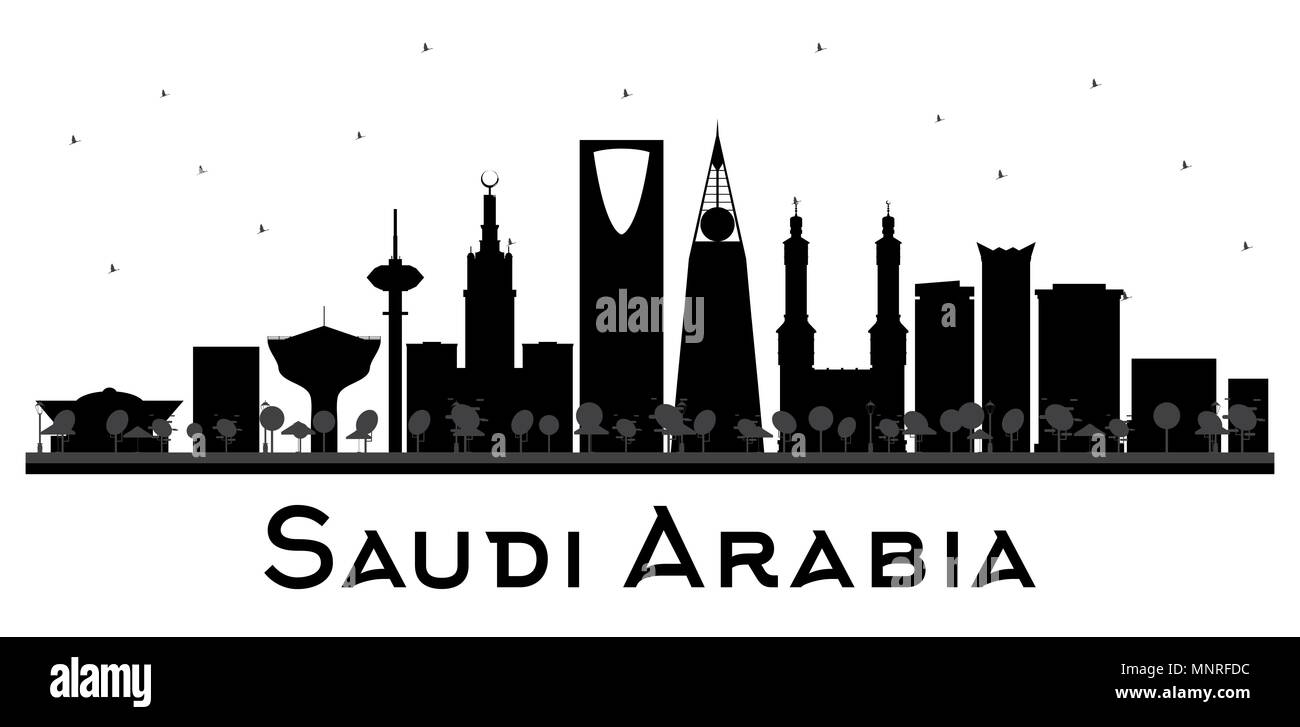 Saudi Arabien Skyline schwarz-weiß Silhouette. Vektor-Illustration. Einfache flache Konzept für Tourismus Präsentation, Banner, Plakat oder Website. Stock Vektor