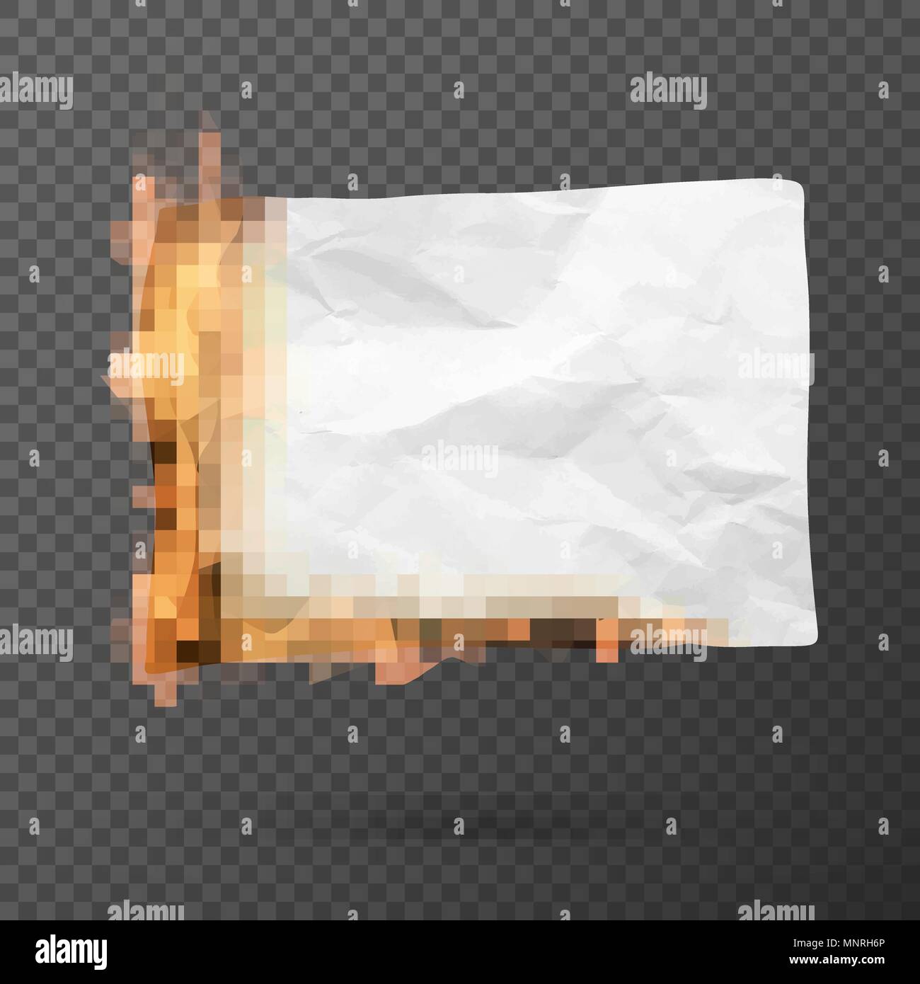Brennende Stück zerknittertes Papier. zerknittertes Papier leer Leer. Gefaltetes Papier Textur in Brand. Vector Illustration isoliert auf transparentem Hintergrund Stock Vektor