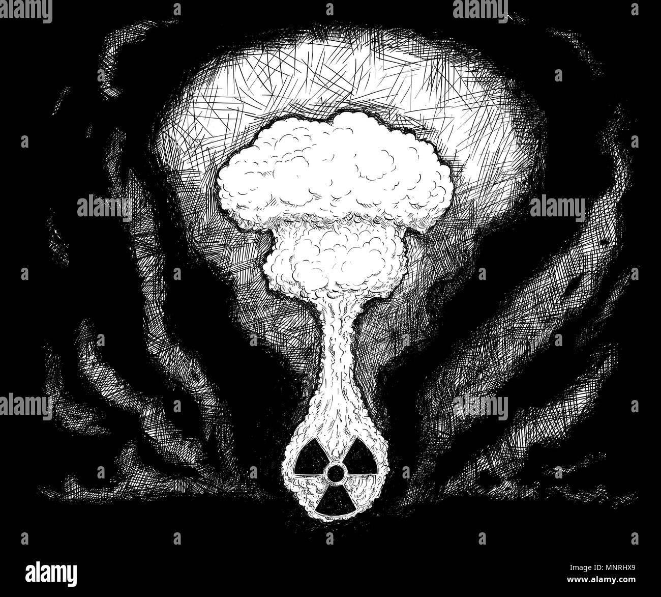 Künstlerische Feder und Tinte Zeichnung Abbildung: nukleare Explosion Stockfoto