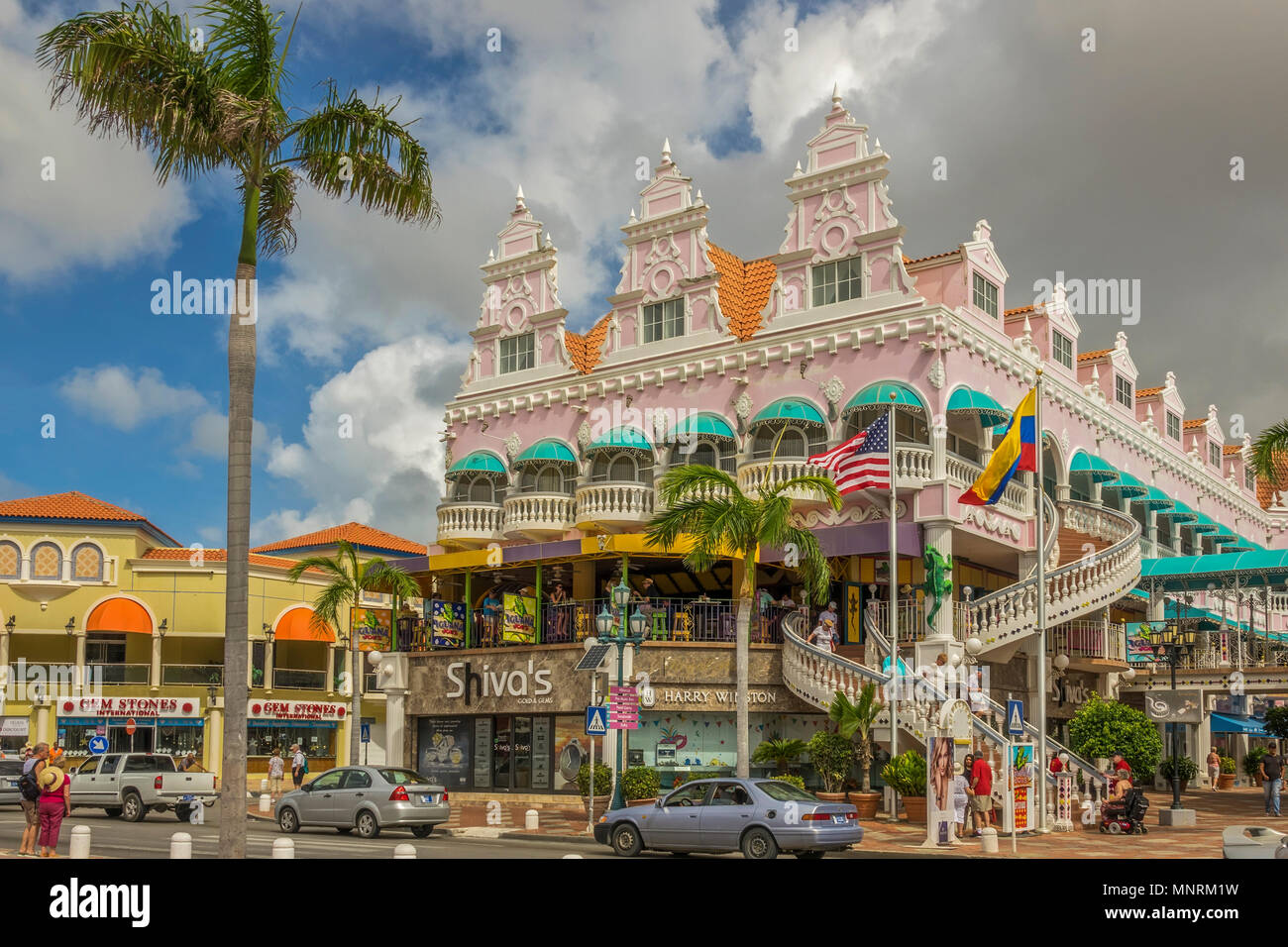 Farbenfrohe Gebäude, Oranjestad, Aruba, West Indies Stockfoto