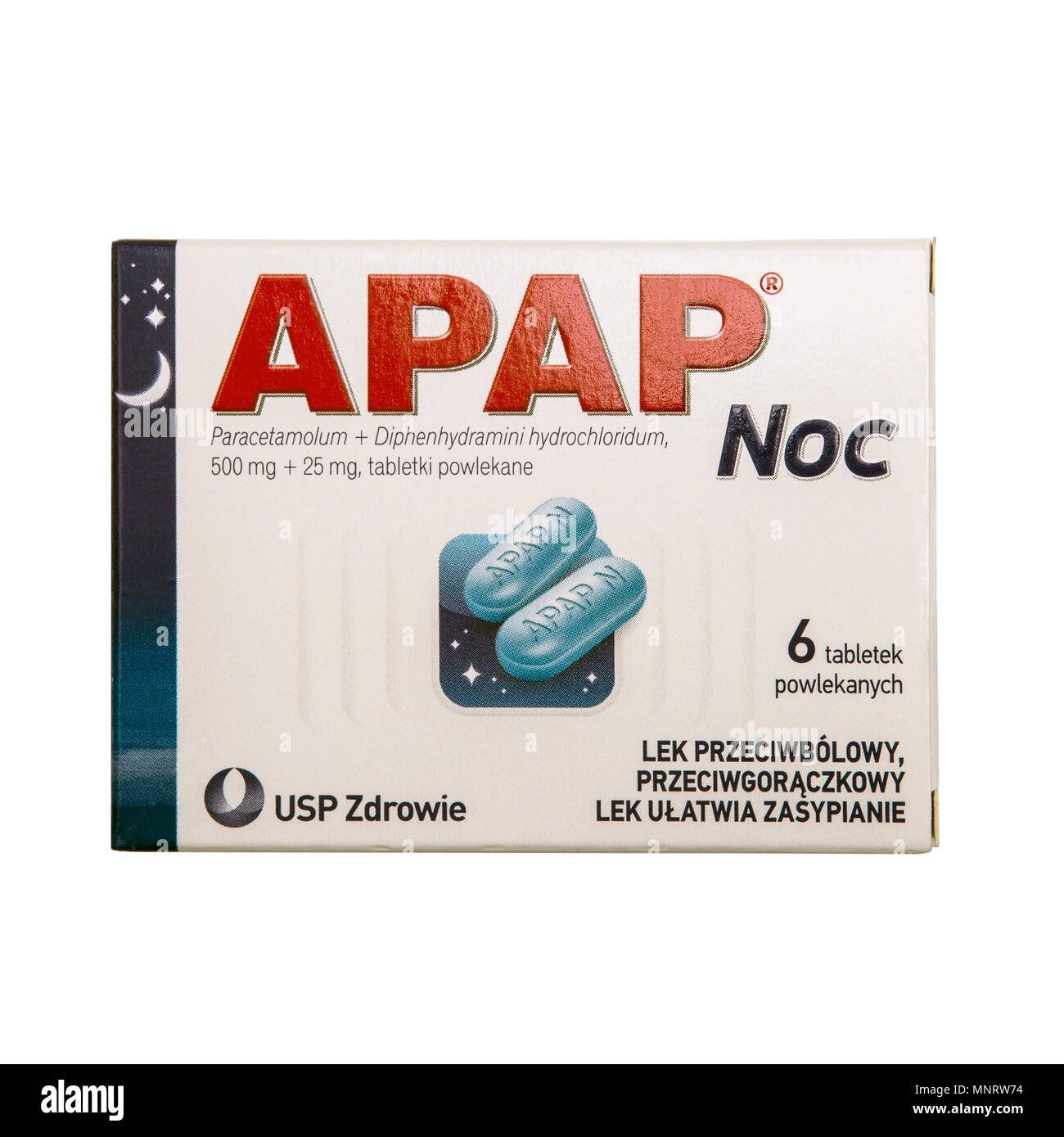 SWINDON, UK - 19. MAI 2018: Paket der APAP Nacht ist eine analgetische und antipyretische, das die Auswirkungen von Paracetamol mit einem Beruhigungsmittel. Stockfoto