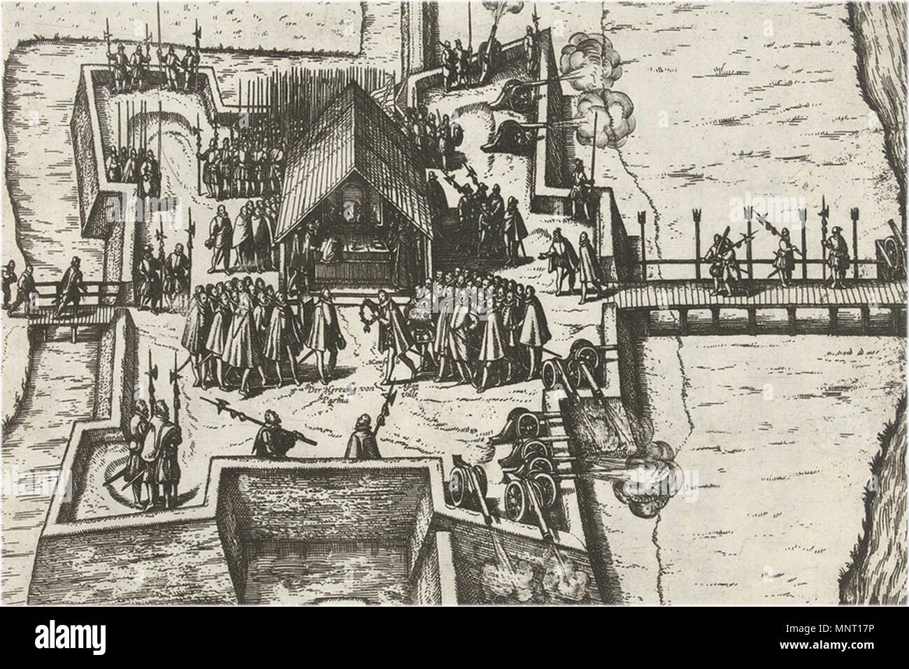 . Parma's Bridge in Antwerpen 1586, Parma erhält seinen Orden vom Goldenen Vlies. zwischen 1585 und 1590. Frans Hogenberg961 Parma geridderd Stockfoto