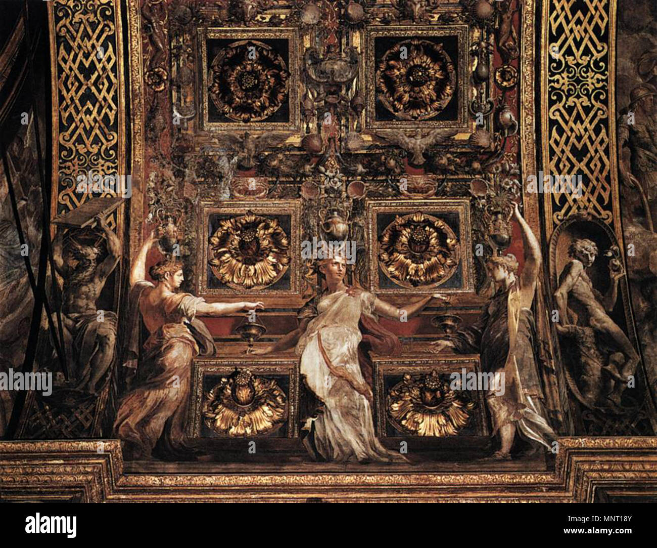 Drei törichten Jungfrauen flankiert von Adam und Eva zwischen 1531 und 1539. 961 Parmigianino - Drei törichten Jungfrauen flankiert von Adam und Eva - WGA 17043 Stockfoto