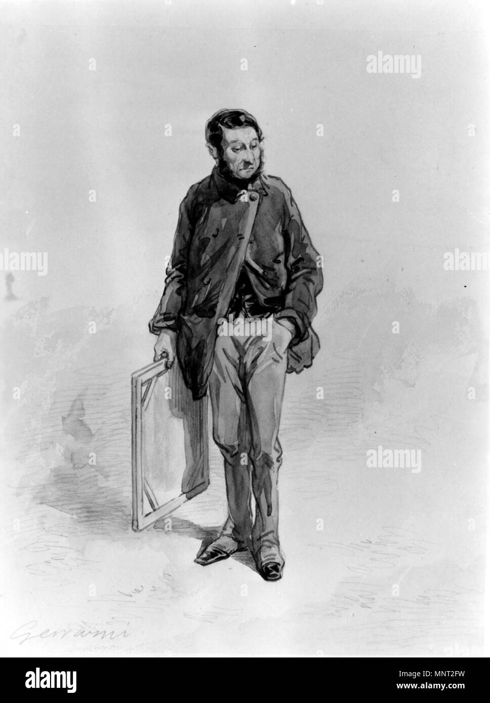 Paul Gavarni (Französisch, 1804-1866). "Künstler mit Leinwand", 1855-1866. Aquarell und Graphit auf Sahne, mäßig dick, leicht strukturierte webte Papier. Walters Art Museum (37.1440): von William T. Walters, 1865 erworben. 37.1440 966 Paul Gavarni - Künstler mit Leinwand - Walters 371440 Stockfoto Paul Gavarni (Französisch, 1804-1866). "Künstler mit Leinwand", 1855-1866. Aquarell und Graphit auf Sahne, mäßig dick, leicht strukturierte webte Papier. Walters Art Museum (37.1440): von William T. Walters, 1865 erworben. 37.1440 966 Paul Gavarni - Künstler mit Leinwand - Walters 371440 Stockfoto