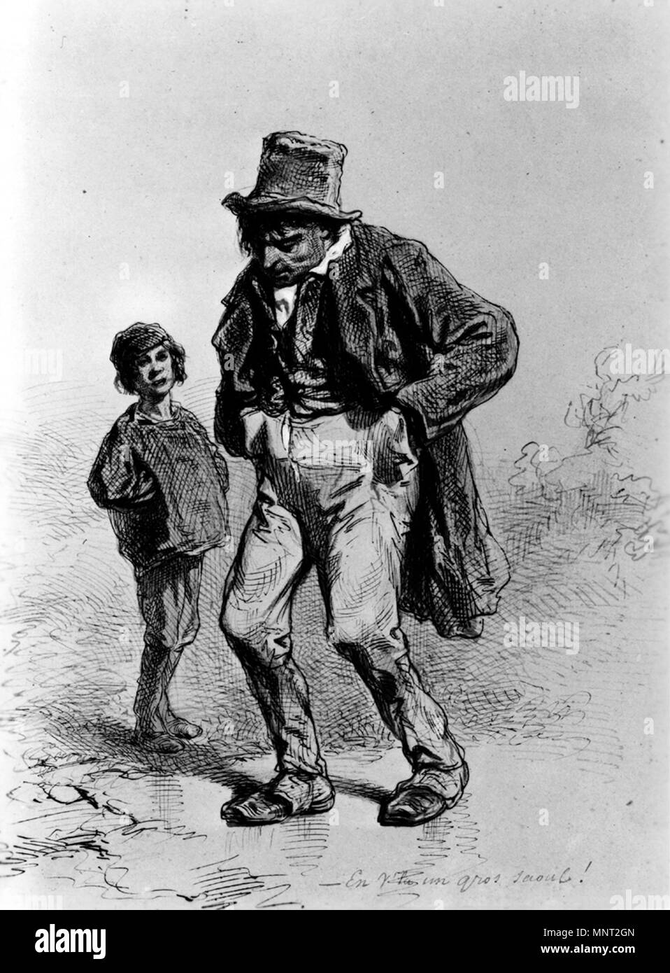 Paul Gavarni (Französisch, 1804-1866). "Berauscht Mann und der Junge, 'Ca. 1859. eisengallustinte Tinte mit roter Tinte, hoffnungsvollen farbige Tinte, Graphit und mit Weiß auf Braun, mäßig dick, leicht strukturierte webte Papier verstärkt. Walters Art Museum (37.1498): von William T. Walters, 1884 erworben. 37.1498 966 Paul Gavarni - alkoholisierte Mann und der Junge - Walters 371498 Stockfoto