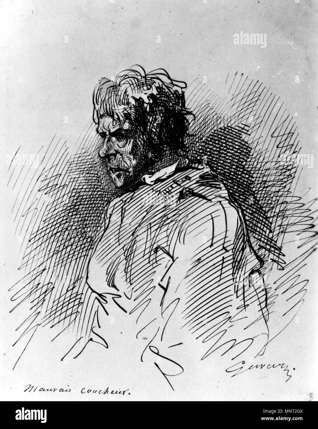 Paul Gavarni (Französisch, 1804-1866). Bin auvais Coucheur", 1852-1866. eisengallustinte Tinte mit roter Tinte auf beige, mäßig dick, leicht strukturierte webte Papier. Walters Art Museum (37.1450): von William T. Walters, 1865 erworben. 37.1450 966 Paul Gavarni - mauvais Coucheur - Walters 371450 Stockfoto