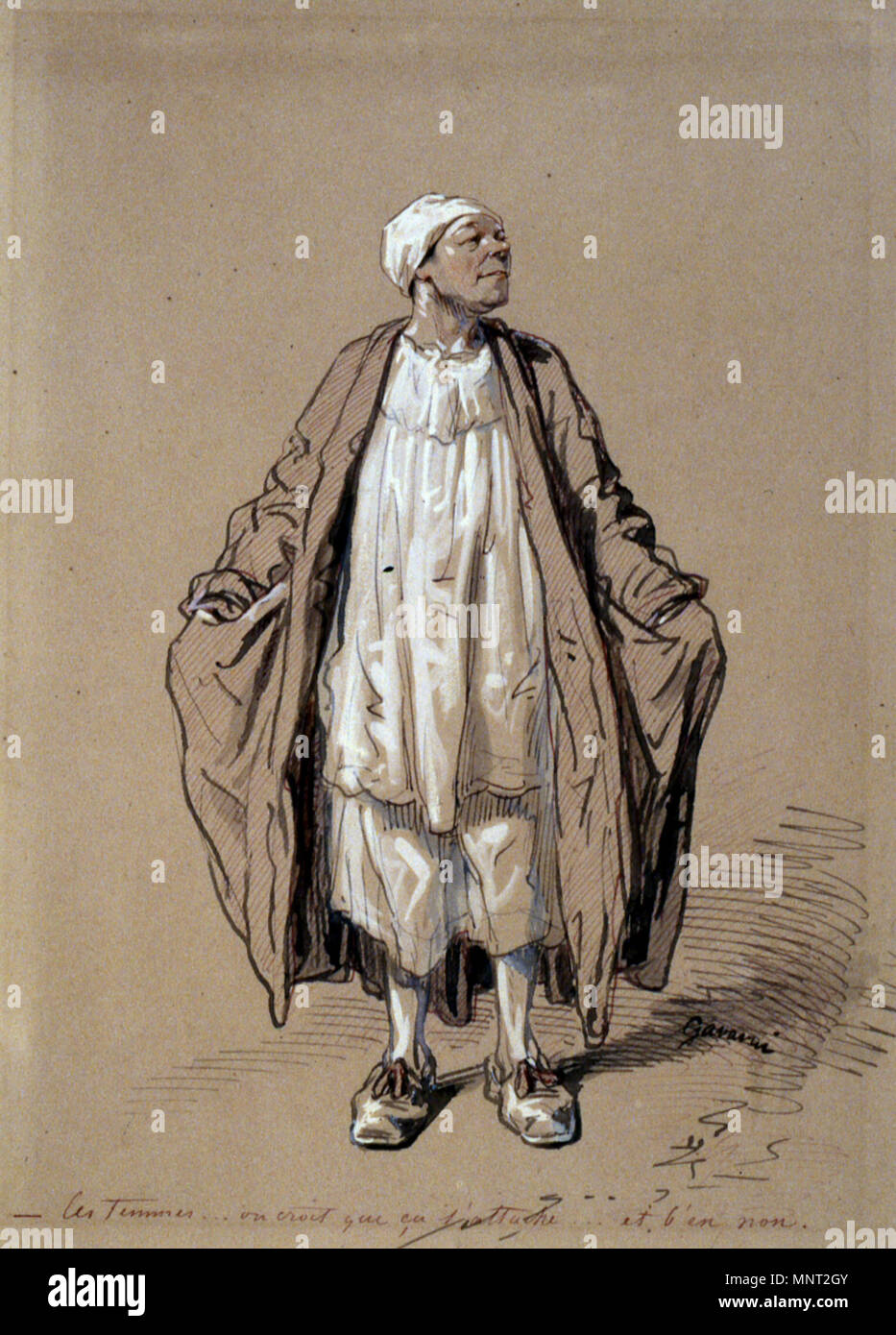 Paul Gavarni (Französisch, 1804-1866). Bin in der Nacht Kleid", 1804-1866. Tinte und Tusche Waschen mit Graphit underdrawing mit Weiß auf Braun, mäßig dick, leicht strukturierte webte Papier verstärkt. Walters Art Museum (37.1424): Erworben durch William T. oder Henry Walters. 37.1424 966 Paul Gavarni - Mann in der Nacht Kleid - Walters 371424 Stockfoto Paul Gavarni (Französisch, 1804-1866). Bin in der Nacht Kleid", 1804-1866. Tinte und Tusche Waschen mit Graphit underdrawing mit Weiß auf Braun, mäßig dick, leicht strukturierte webte Papier verstärkt. Walters Art Museum (37.1424): Erworben durch William T. oder Henry Walters. 37.1424 966 Paul Gavarni - Mann in der Nacht Kleid - Walters 371424 Stockfoto