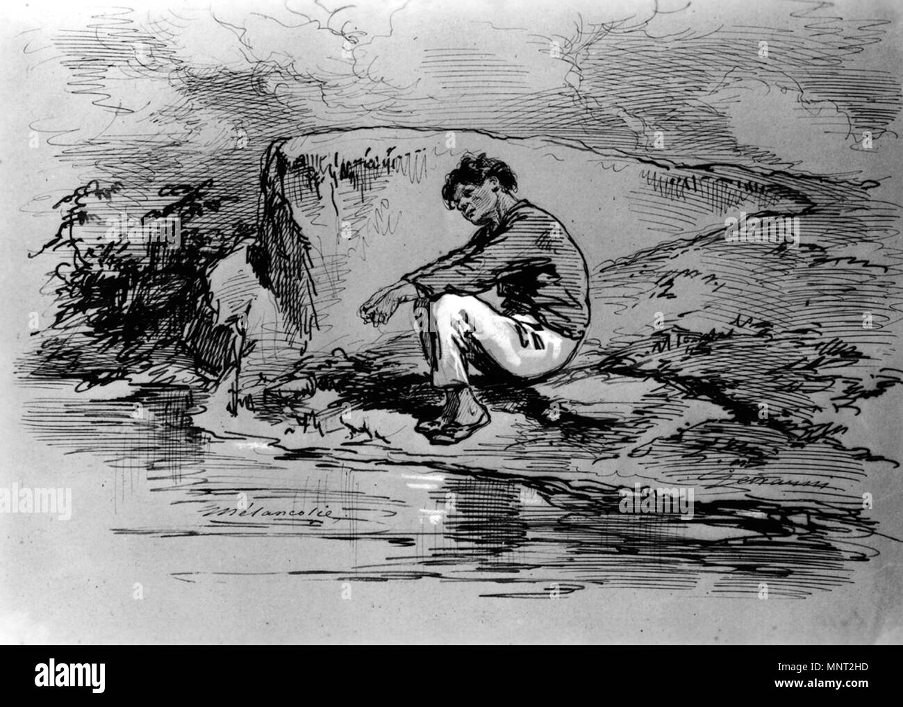 Paul Gavarni (Französisch, 1804-1866). 'Melancholia', 1852-1866. eisengallustinte Tinte mit roter Tinte mit Weiß auf Braun, mäßig dick, leicht strukturierte webte Papier verstärkt. Walters Art Museum (37.1447): von William T. Walters, 1865 erworben. 37.1447 966 Paul Gavarni - Melancholie - Walters 371447 Stockfoto