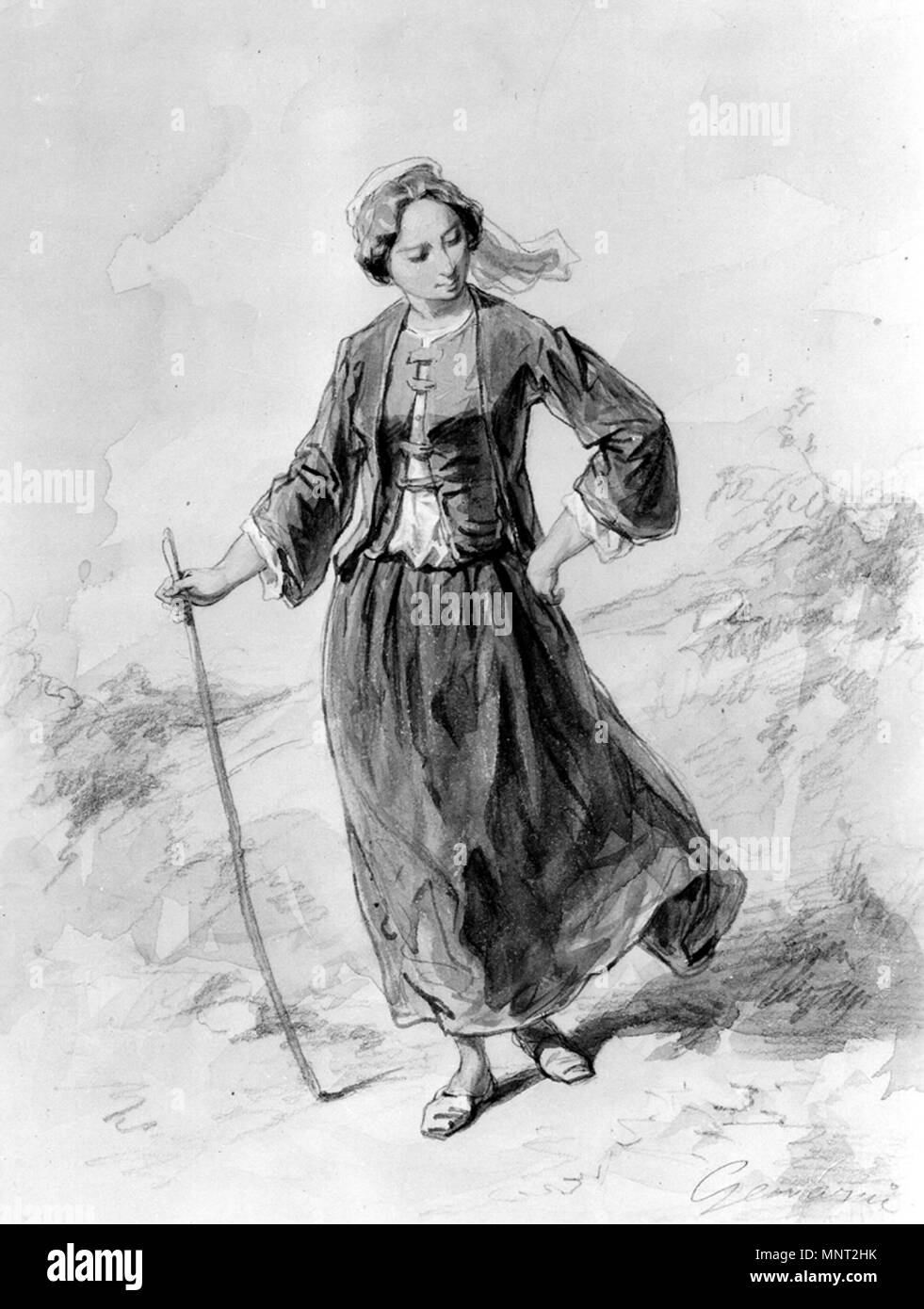 Paul Gavarni (Französisch, 1804-1866). "Bauernmädchen", 1859-1865. Aquarell, Graphit und farbigen Tinten auf Sahne, mäßig dick, leicht strukturierte webte Papier. Walters Art Museum (37.1434): Erworben durch William T. Walters. 37.1434 966 Paul Gavarni - Bauernmädchen - Walters 371434 Stockfoto