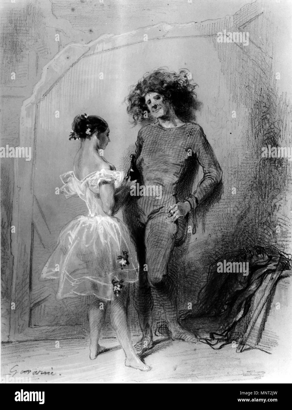 Paul Gavarni (Französisch, 1804-1866). "Zwei Tänzer Backstage", 1852. Aquarell, Graphit und Farbstift mit Weiß auf Creme, mäßig dick, leicht strukturierte webte Papier verstärkt. Walters Art Museum (37.1431): Erworben durch William T. Walters. 37.1431 966 Paul Gavarni - zwei Tänzer Backstage - Walters 371431 Stockfoto Paul Gavarni (Französisch, 1804-1866). "Zwei Tänzer Backstage", 1852. Aquarell, Graphit und Farbstift mit Weiß auf Creme, mäßig dick, leicht strukturierte webte Papier verstärkt. Walters Art Museum (37.1431): Erworben durch William T. Walters. 37.1431 966 Paul Gavarni - zwei Tänzer Backstage - Walters 371431 Stockfoto