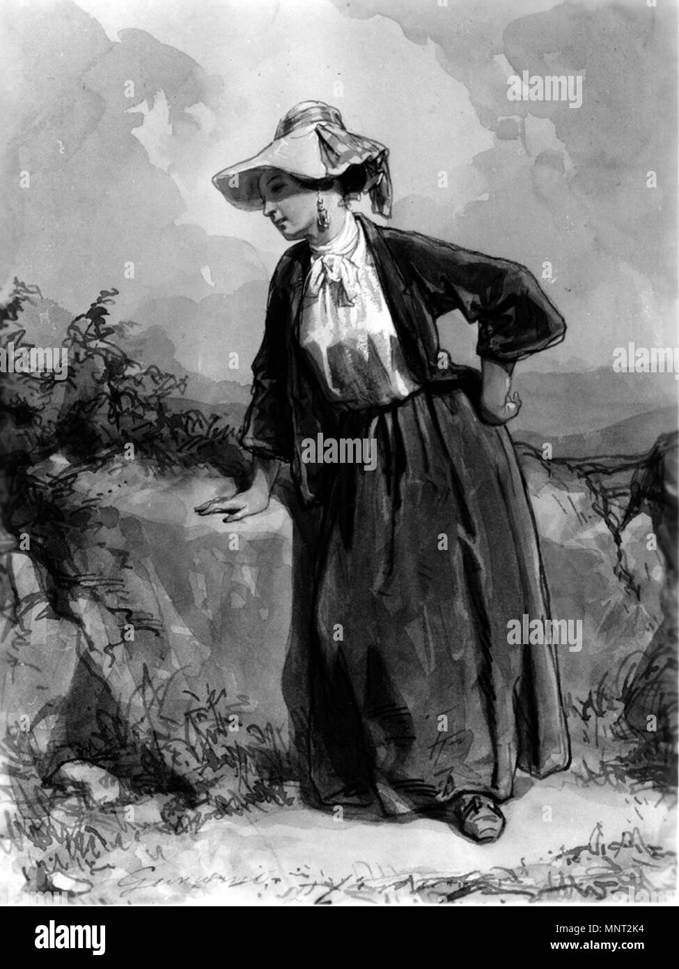 Paul Gavarni (Französisch, 1804-1866). "Junge Frau", 1855-1857. Aquarell mit Graphit underdrawing und Weiß gehöht auf Sahne, mäßig dick, leicht strukturierte webte Papier. Walters Art Museum (37.1452): von William T. Walters, 1865 erworben. 37.1452 966 Paul Gavarni - junge Bäuerin - Walters 371452 Stockfoto Paul Gavarni (Französisch, 1804-1866). "Junge Frau", 1855-1857. Aquarell mit Graphit underdrawing und Weiß gehöht auf Sahne, mäßig dick, leicht strukturierte webte Papier. Walters Art Museum (37.1452): von William T. Walters, 1865 erworben. 37.1452 966 Paul Gavarni - junge Bäuerin - Walters 371452 Stockfoto
