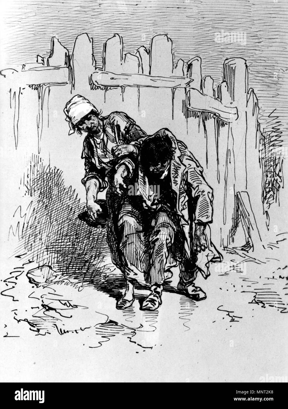 Paul Gavarni (Französisch, 1804-1866). "Frau, die einen Mann", 1852-1866. eisengallustinte Tinte mit roten und blauen Farben und Weiß gehöht auf Braun, mäßig dick, leicht strukturierte webte Papier. Walters Art Museum (37.1439): von William T. Walters, 1865 erworben. 37.1439 966 Paul Gavarni - eine Frau, die einen Mann - Walters 371439 Stockfoto