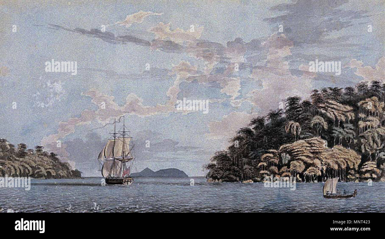 . Englisch: Quelle: Http://www.penangmuseum.gov.my/museum/sites/default/files/portfolio images/471.jpg Titel: 1234567 Brig. Viper - 16 Guns segeln zwischen der kleinen Insel Pulo Reyma und Pulo Penang Medien: Aquarell Breite: 490 mm (19") Höhe: 275 mm (10,8 in) Jahr der Gründung: 1778 Modus des Erwerbs: Gekauft 1977 (Parker Gallery). 1778. Penang State Museum und Kunstgalerie 972 Penang Museum historische Gemälde 471 Stockfoto