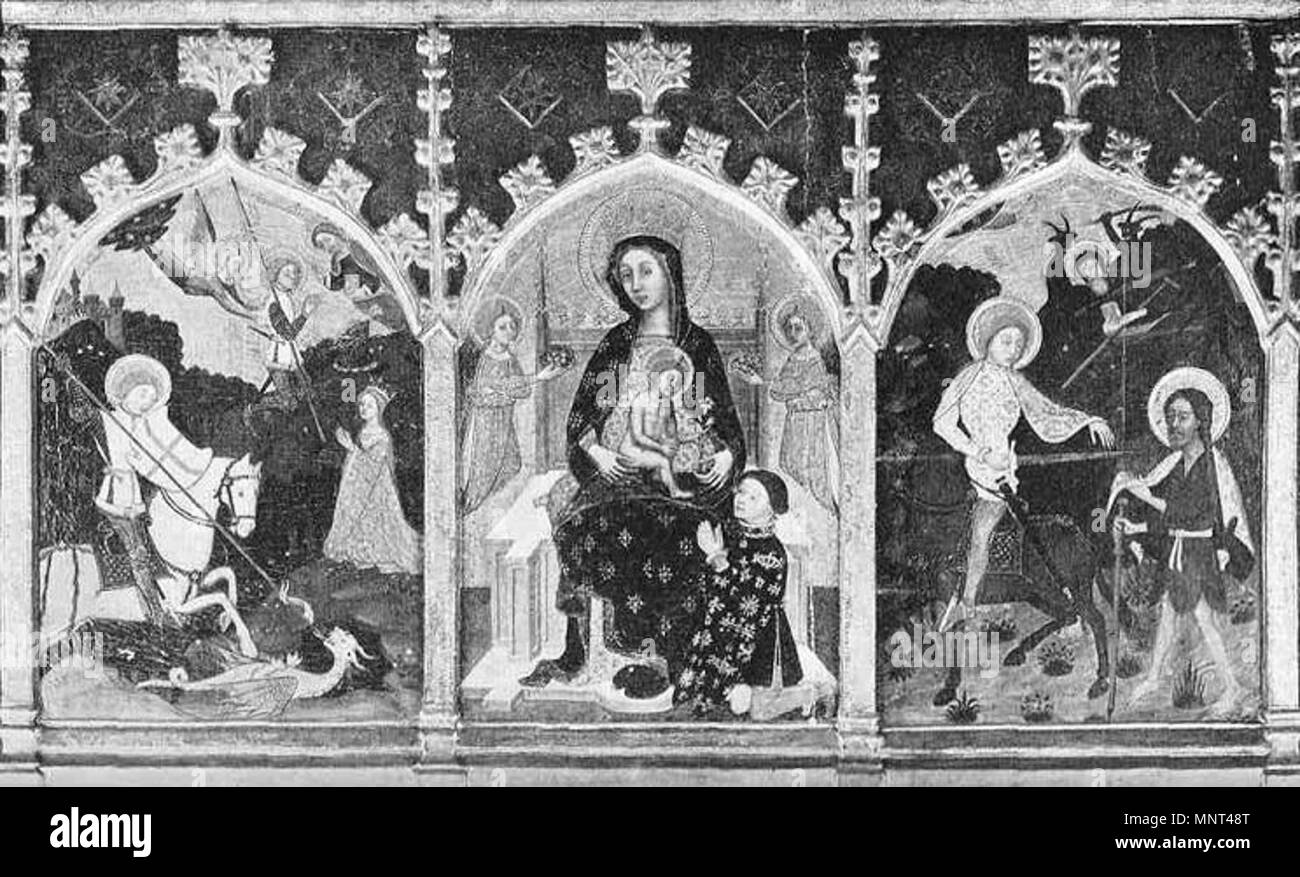 Englisch: Madonna mit Kind und Heiligen Georg und Martin Ende 14./Anfang des 15. Jahrhunderts. 973 Pere Serra - Madonna mit Kind und Heiligen Georg und Martin Stockfoto