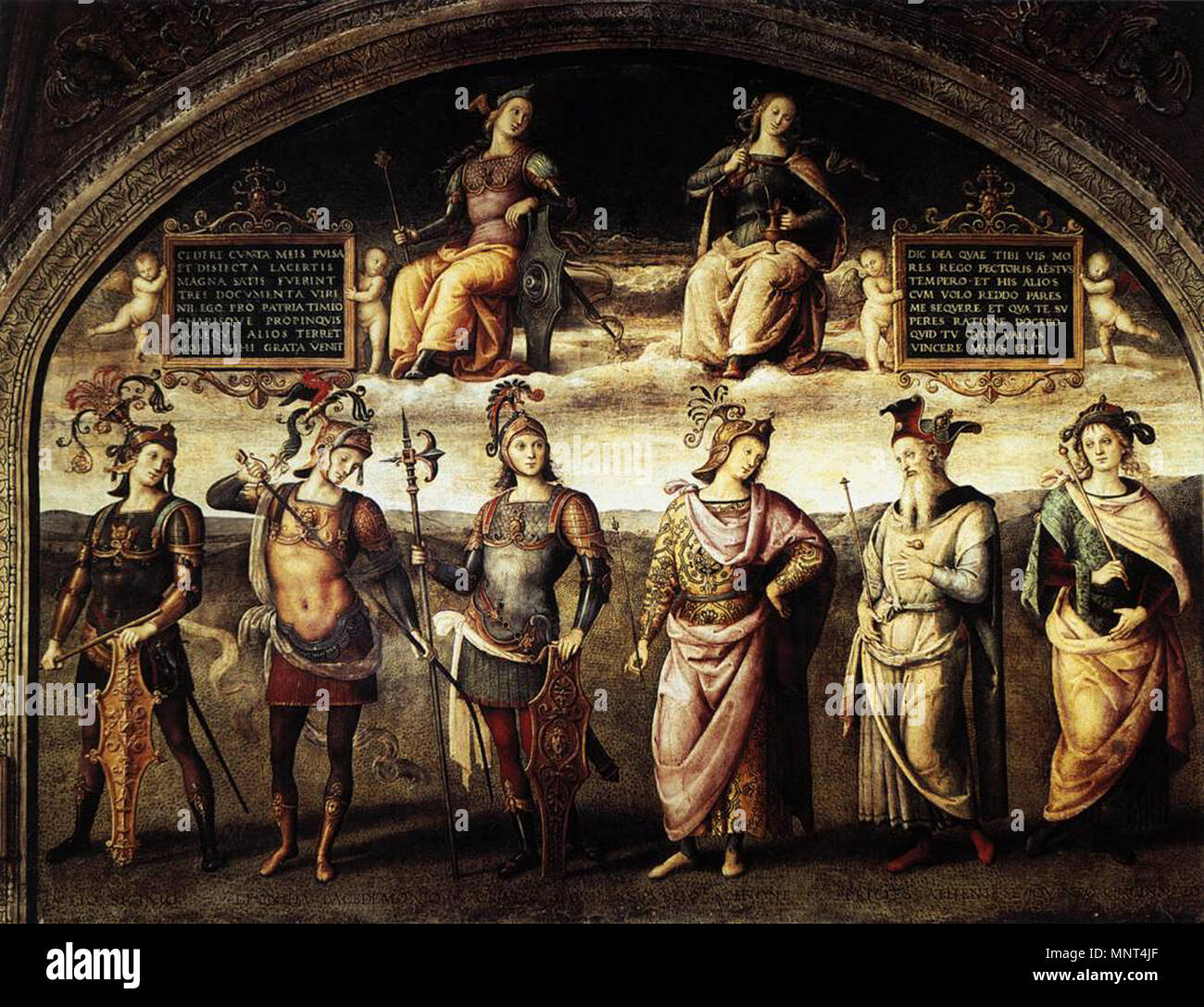 . Pietro Perugino, die Tapferkeit und die Mäßigung mit sechs antiken Helden Fresco, 291 x 400 cm Collegio del Cambio, Perugia. zwischen 1497 und 1500. Siehe Dateiname oder Kategorie 974 Perugino, Tapferkeit und Mäßigung mit sechs antiken Helden Stockfoto