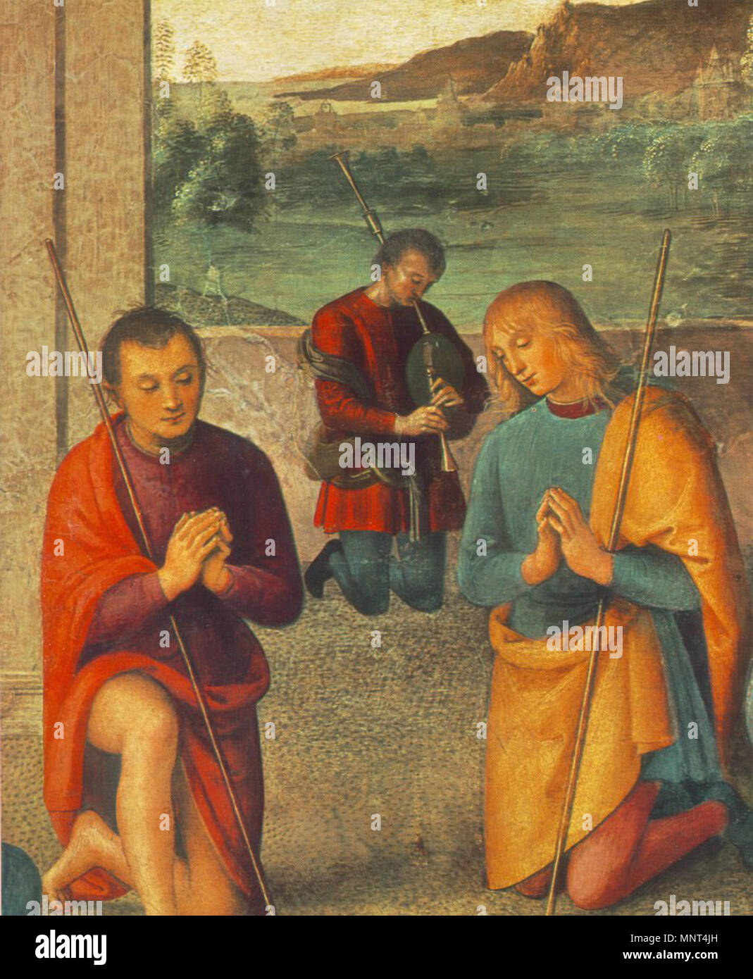 . Pietro Perugino, die presepio Fresco, 264 x 225 cm Collegio del Cambio, Perugia. zwischen 1497 und 1500. Siehe Dateiname oder Kategorie 974 Perugino, Krippe, Collegio del Cambio 02. Stockfoto
