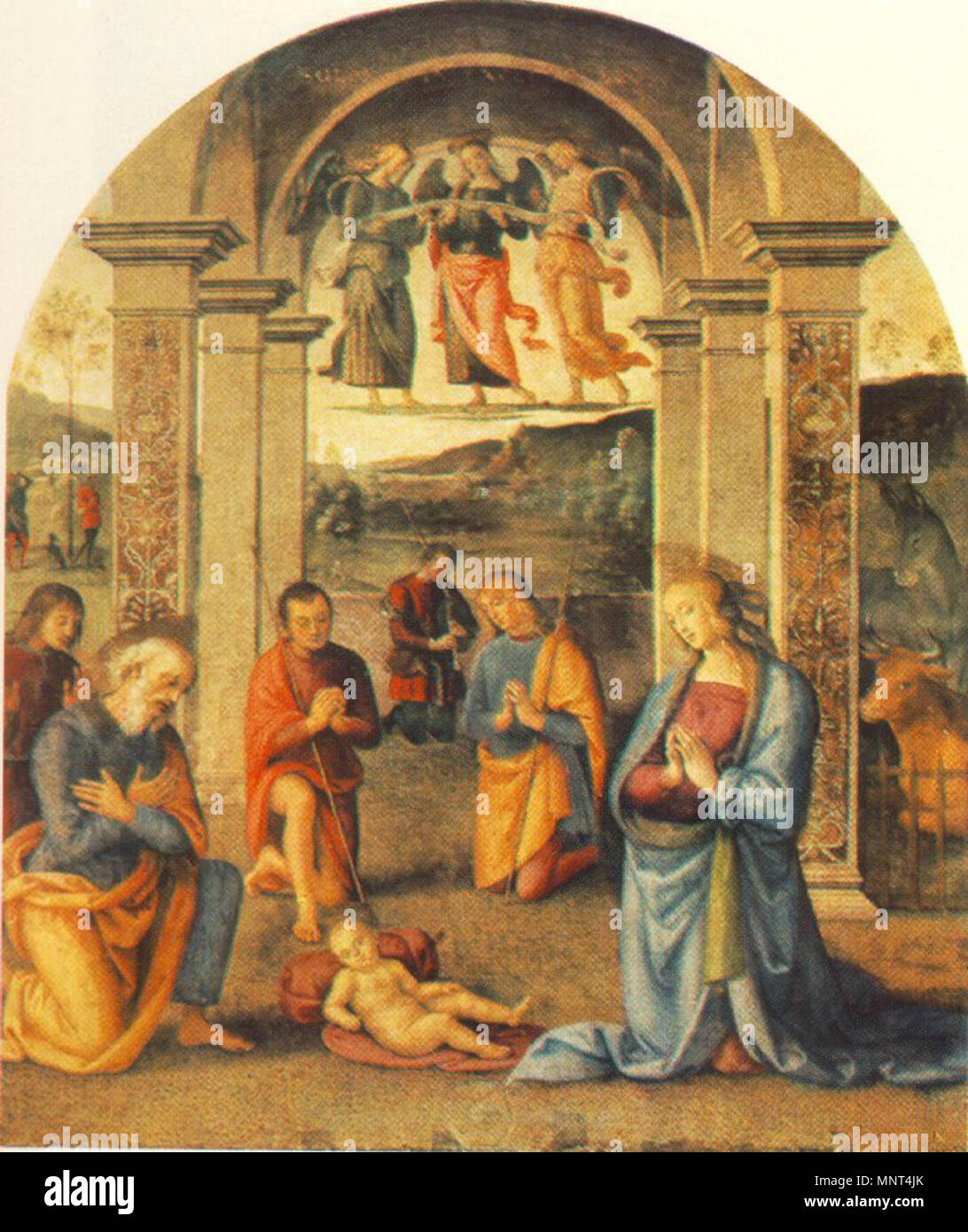 . Pietro Perugino, die presepio Fresco, 264 x 225 cm Collegio del Cambio, Perugia. zwischen 1497 und 1500. Siehe Dateiname oder Kategorie 974 Perugino, Krippe, Collegio del Cambio Stockfoto