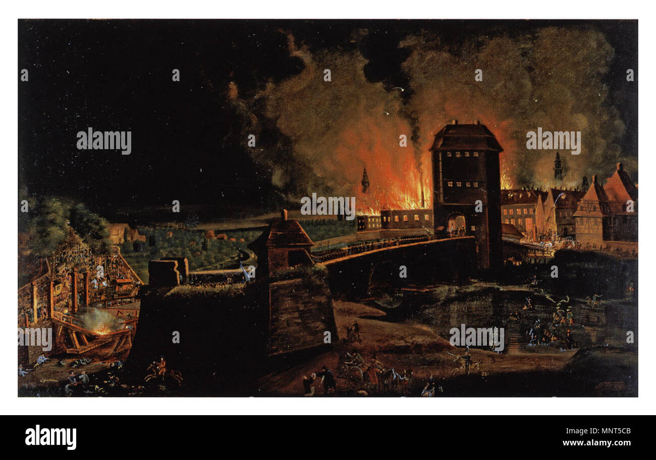 . English: Beschießung der Stadt und brennende Vorstadt Hanau beim Abzug der Franzosen in der Schlacht bei Hanau (Nacht vom 30. auf den 31. Oktober 1813). Ölgemälde auf Papier, auf Leinwand aufgezogen. Aufbewahrung: Museum Darmstadt B 8. Literatur: Werner Kurz/Eckhard Meise/Anton Merk: Schlacht bei Hanau 1813 sterben. (Hrg. von Magistrat der Stadt Hanau, Kulturamt, Museum Hanau und Hanauer Geschichtsverein), Hanau 1993, S. 47, Bl. 26. Nach 1813. Konrad Westermayr (1765-1834) Alternative Namen Konrad Westermayr (1765-1834); Conrad Westermayr Beschreibung Deutsche Maler, Kupferstich engrav Stockfoto