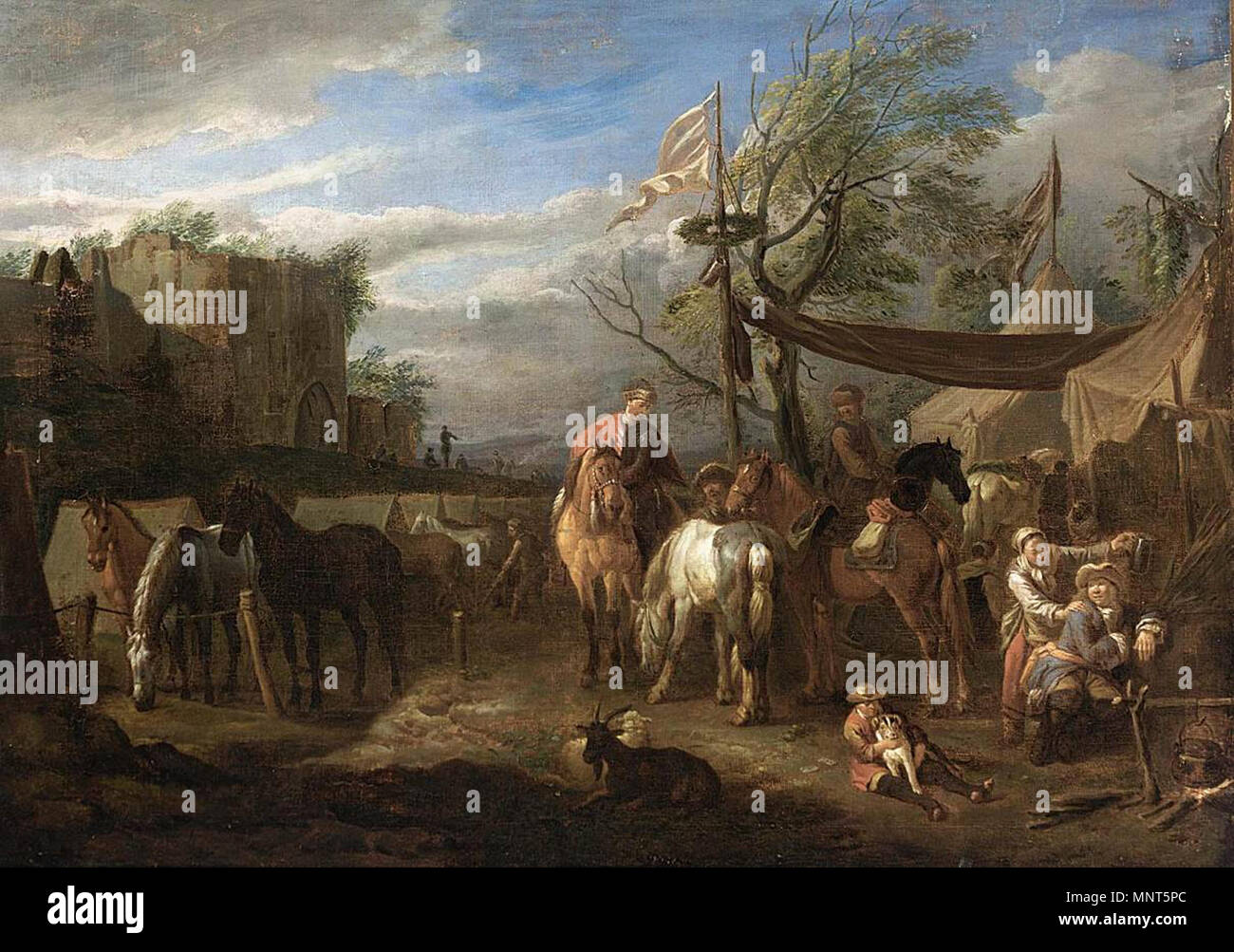 Reiter an einer militärischen Encampment der zweiten Hälfte des 17. Jahrhunderts ruht. 978 Peter van Bloemen-Fahrer ruhen auf einem militärischen Encampment Stockfoto