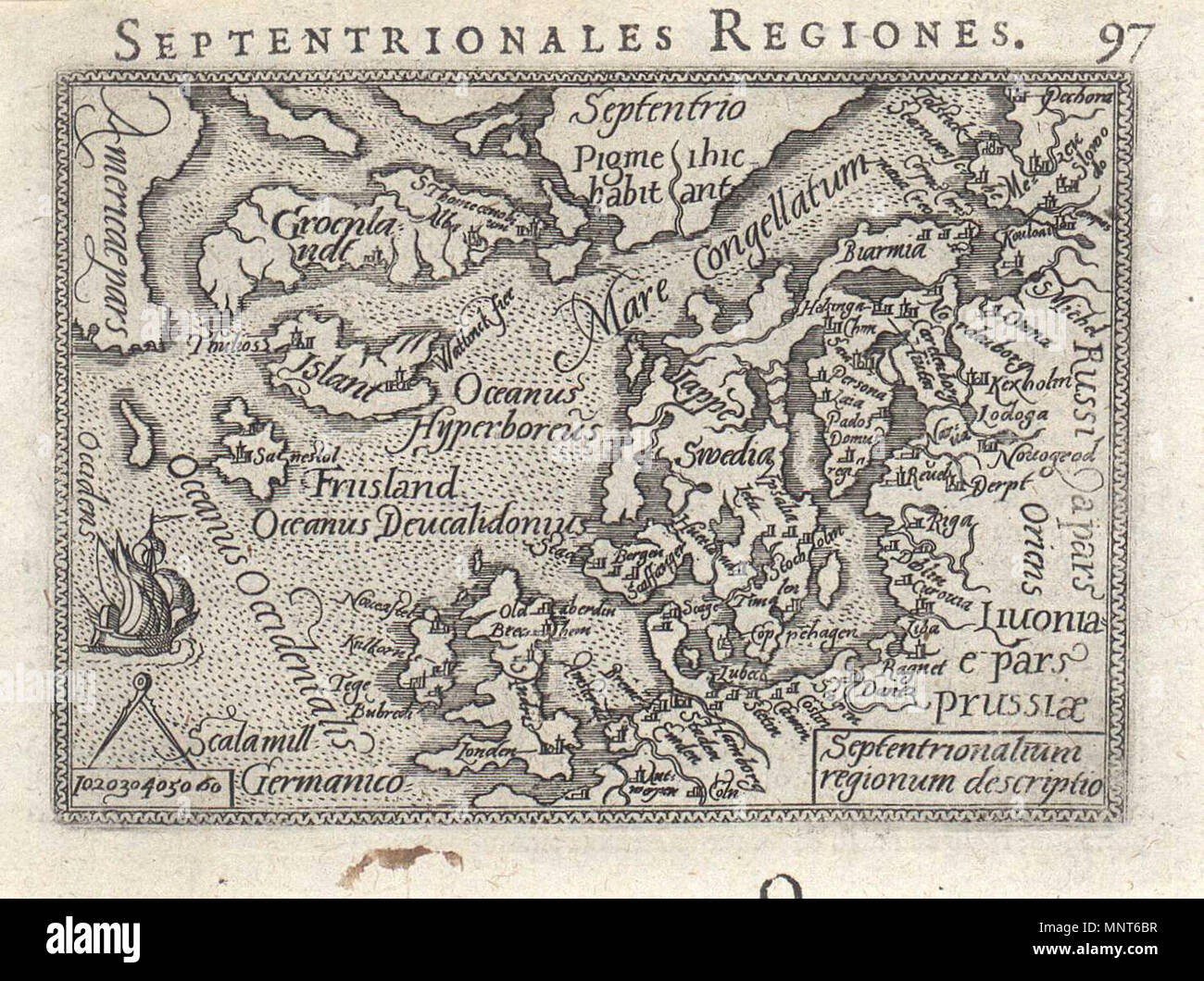 . Français: Une carte de l'Islande par Philip Galle de 1577. 1577. Philip Galle981 Philip Galle - Septentrionalium Regionum descriptio - 1577 Stockfoto
