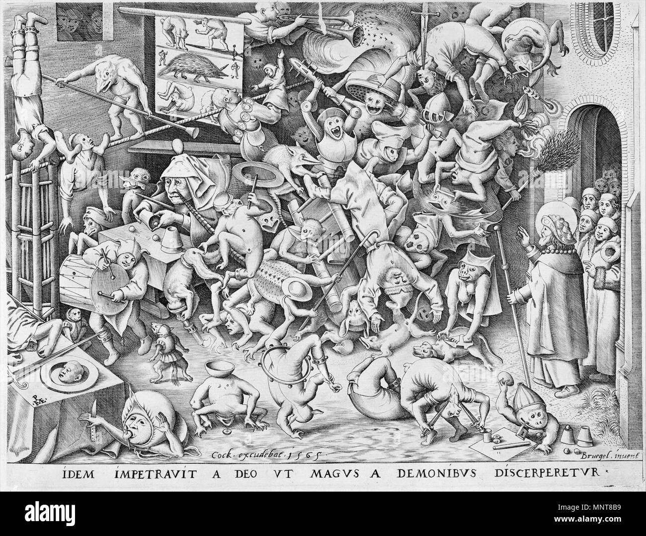 . Deutsch: "Fall der Magician" (1565) von Pieter van der Heyden, nach Pieter Brueghel der Ältere. Eine Satire auf die Auswüchse der spanischen Inquisition. 1565. Pieter Bruegel (I) 989 Pieter Bruegel (1565) Fall der Magier Stockfoto