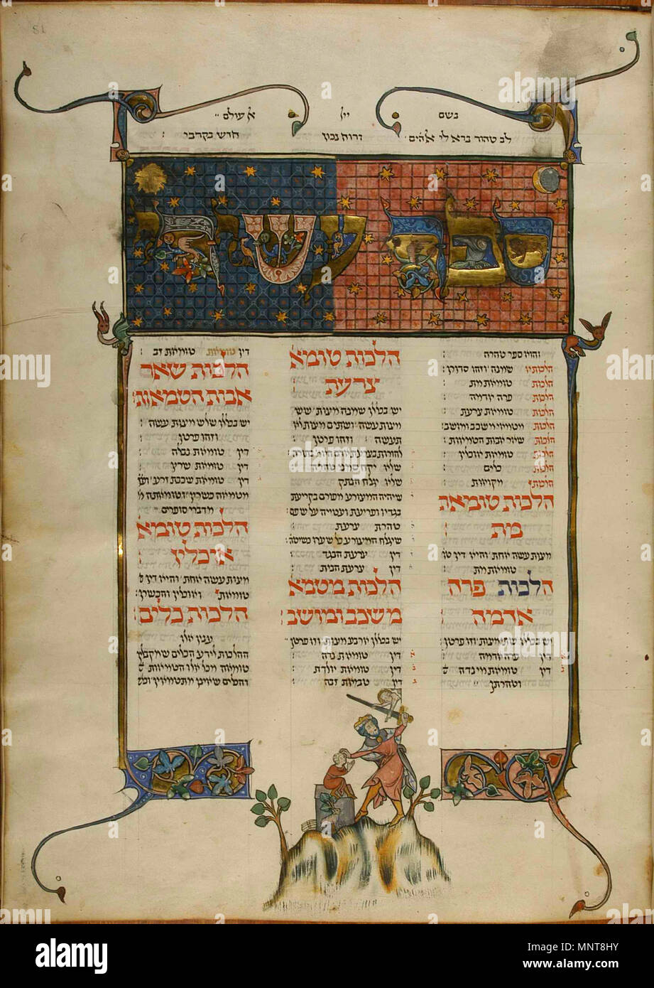 . Englisch: Kaufmann Mishneh Torah (MS 77, Vol. III, w.81 r): Die Bindung Isaaks. Der Engel packt Abrahams Schwert und verhindert, dass Abraham seinen Sohn zu opfern. Der Engel ist auf den Ersatz Opfer: Ein kleines Ram, die sich unter dem Altar steht, mit den Hörnern im Gestrüpp verfangen. Isaac ist dargestellt, wie ein kleiner Junge, der auf dem Altar mit seinen Händen sitzt gebunden und ein plädoyer Ausdruck. 1296. Unbekannt 909 Ms77C-081r Stockfoto