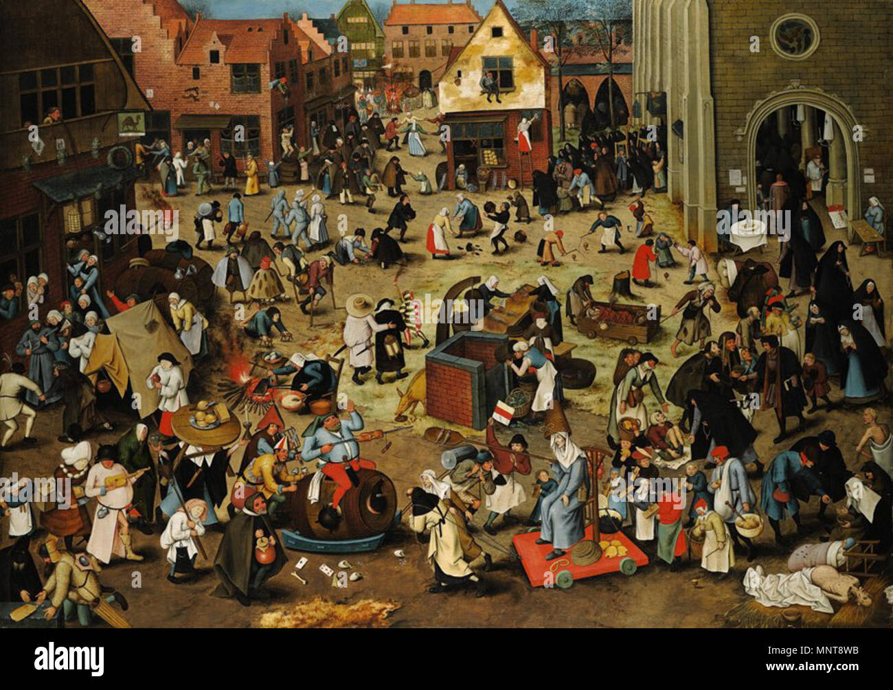 Englisch: Schlacht von Karneval und Fastenzeit 1559. 991 Pieter Brueghel der Jüngere, Der Kampf zwischen Karneval und Fastenzeit. Öl auf Eichenholz. Der Sothey Stockfoto