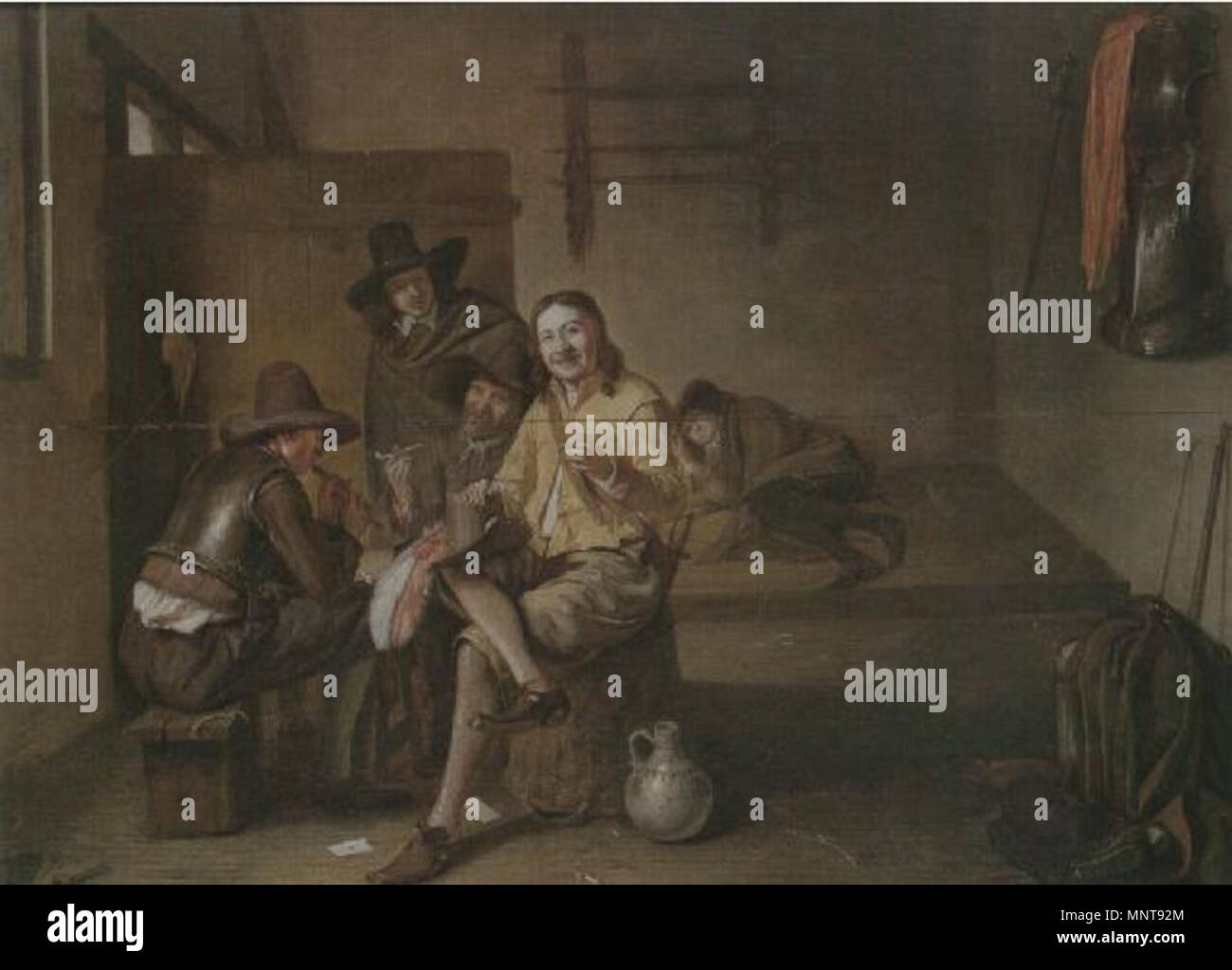 Innenraum mit 5 Soldaten und Panzer auf der Wand dieses Objekt in RKDimages indiziert ist, Datenbank der Niederländischen Institut für Kunstgeschichte, unter der Referenz 64679. Čeština | Deutsch | Français | македонски | Nederlands | +/- Ca. 1650 - 1655. 992 Pieter de Hooch - fünf Soldaten und Waffen an der Wand Stockfoto