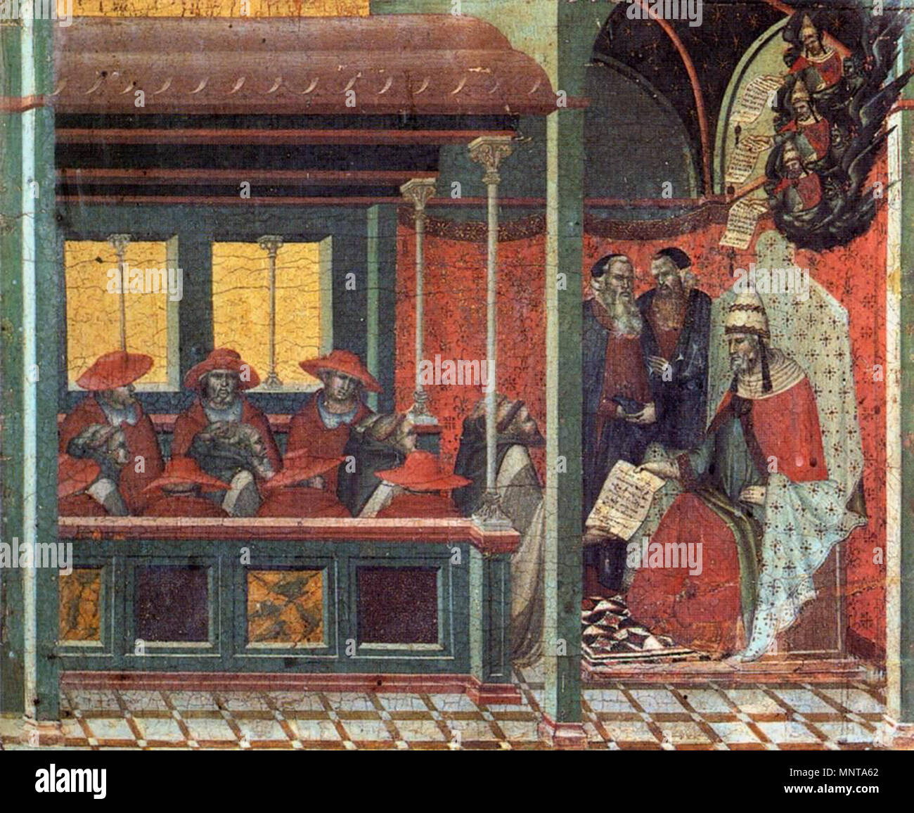 Englisch: Predella Panel: Der Papst gibt einen Stier zu einer Karmelitin Delegation Français: Approbation de la règle-des-Carmes par le Pape Honoré III. zwischen 1328 und 1329. 996 Pietro Lorenzetti - Predella Panel - der Papst einen Stier zu einer Karmelitin Delegation - WGA 13543 Stockfoto