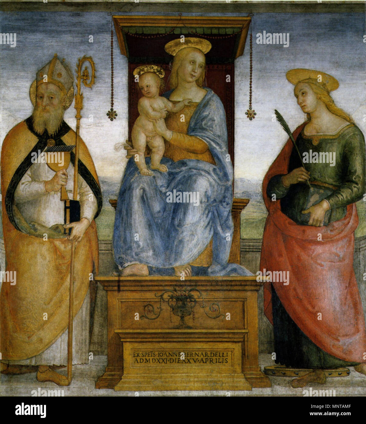 . Pietro Perugino: Vergine in trono Tra i Santi Biagio e Caterina d'Alessandria. Kat.-Nr. 95 in Vittoria Garibaldi: Perugino. Catalogo Completo. Octavo, Firenze 2000, ISBN 88-8030 -091-1. 1521. Pietro Perugino (1446-1524), alternative Namen Geburt Name: Pietro Vannucci Beschreibung italienischer Maler Geburtsdatum / Tod zwischen ca. 1445 und ca. 1448 1523 Ort der Geburt / Todes Città della Pieve Fontignano Arbeit Lage Perugia, Florenz, Rom, Orvieto Authority control: Q 5827 VIAF: 228460912 ISNI: 0000 00038692 0520 ULAN: 500024544 LCCN: n 84039337 WGA: PERUGINO, Pietro WorldCat 9. Stockfoto