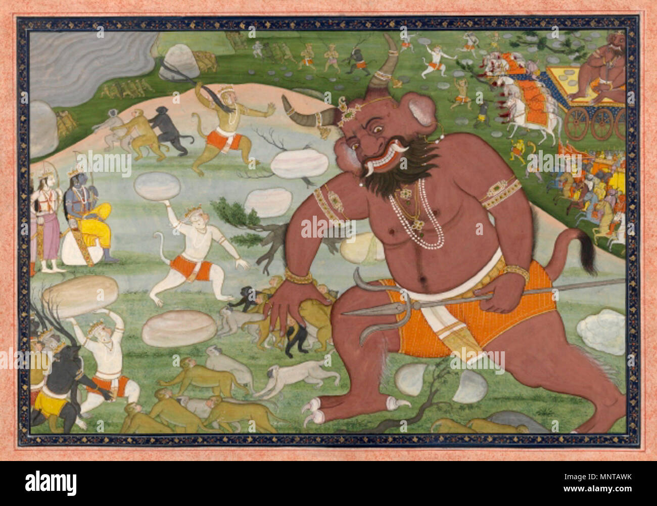 . Englisch: Unbekannt; Kangra Schule indischen Szene aus dem Ramayana (die Schlacht zwischen Hanuman und Kumbhakarna) Ca. 1810-1820; Mughal Periode Zeichnung Gouache auf Papier ohne Rahmen: 25,4 x 35 cm MH 1981.6 Kauf mit den John Martyn Warbeke Fonds zwei Zahlen am linken (lakshmana und Rama) beobachten Sie den Kampf zwischen Hanuman (der weiße Affe) und den riesigen Dämon Kumbhakarna; eine zweite Teillösung Schauplatz der Schlacht findet in der oberen rechten Ecke der Komposition. zwischen ca. 1810 und ca. 1820; Mughal Periode. Ca. 1810-1820; Mughal Periode 1169 Der Kampf zwischen Hanuman und Kumbhakarna Stockfoto