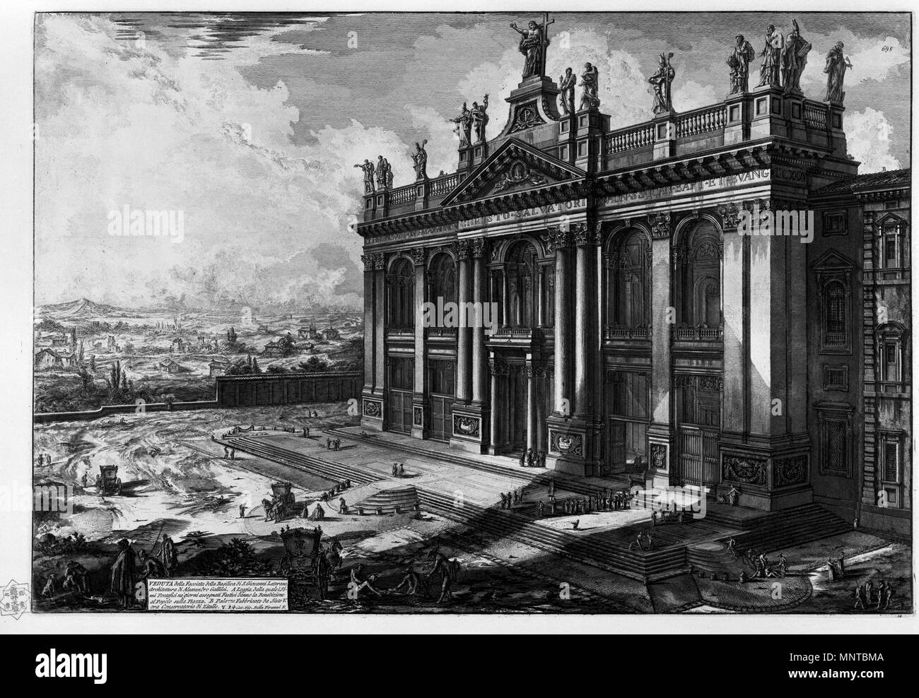 Italiano: VEDUTA della Facciata della Basilica di S. Giovanni in Laterano, architettura di Alessandro Galilei. Eine Loggia, Dalla quale ich Somi Pontefici ne 'giorni Festivi assegnati Danno la Benedizione al Popolo sulla Piazza. B Palazzo fabbricato da Sisto V. 1748-1774. 1001 Piranesi -16017 Stockfoto