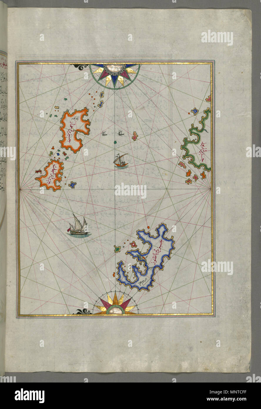 Piri Reis (Türkisch, 1465-1555). "Blatt von Buch Navigation, "17.-18.Jahrhundert. Tinte, Farbe und Gold auf Papier. Walters Art Museum (W. 658.81 B): Erworben durch Henry Walters. W. 658.81 b 1003 Piri Reis-Karte von mehreren Inseln der östlichen Ägäis einschließlich - Leros, Patmos - Walters W 65881 B-volle Seite Stockfoto