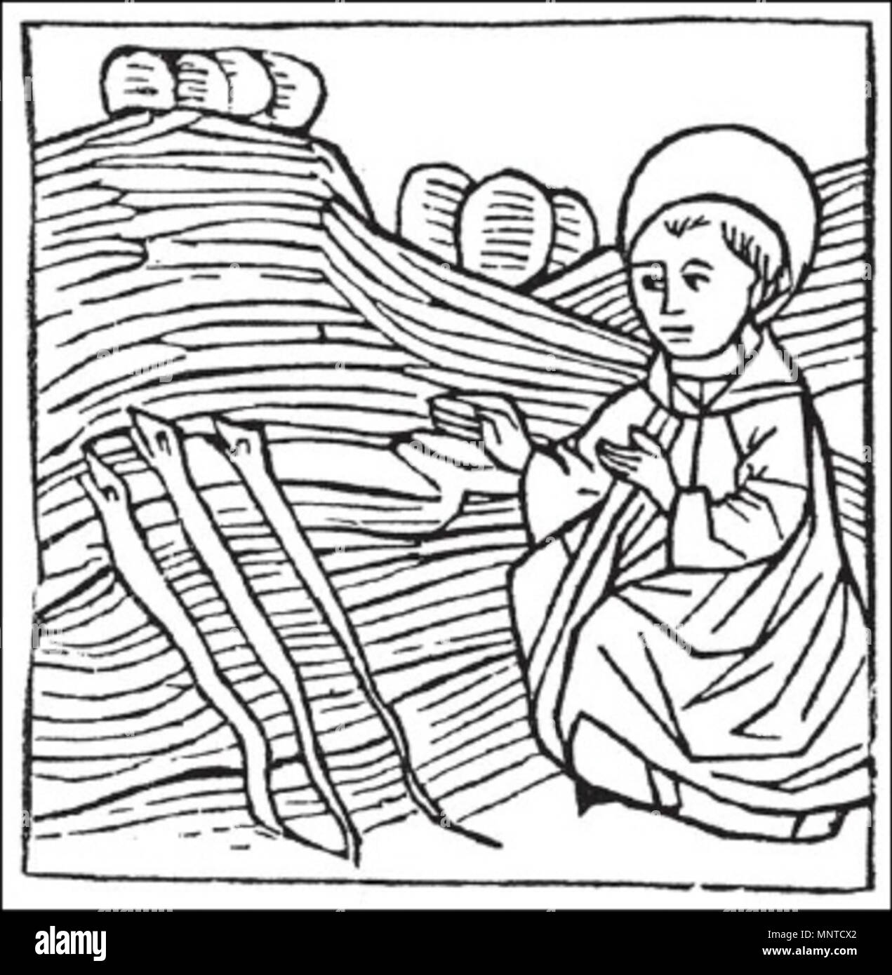 . English: St. Pirmin, Holzschnitt. 1475 zeitgenössischer Künstler 1004 Pirminius vertreibt sterben Schlangen Stockfoto