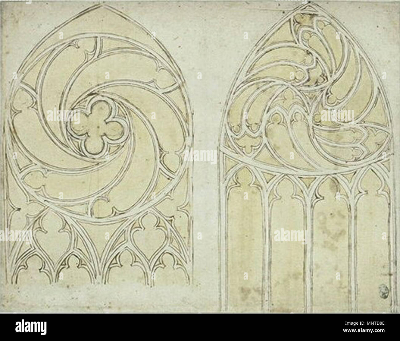 Français: étude de deux Grandes fenêtres à vitraux gothiques aus dem 15. Jahrhundert. 1006 Pisanello-Codex Vallardi2529 Stockfoto